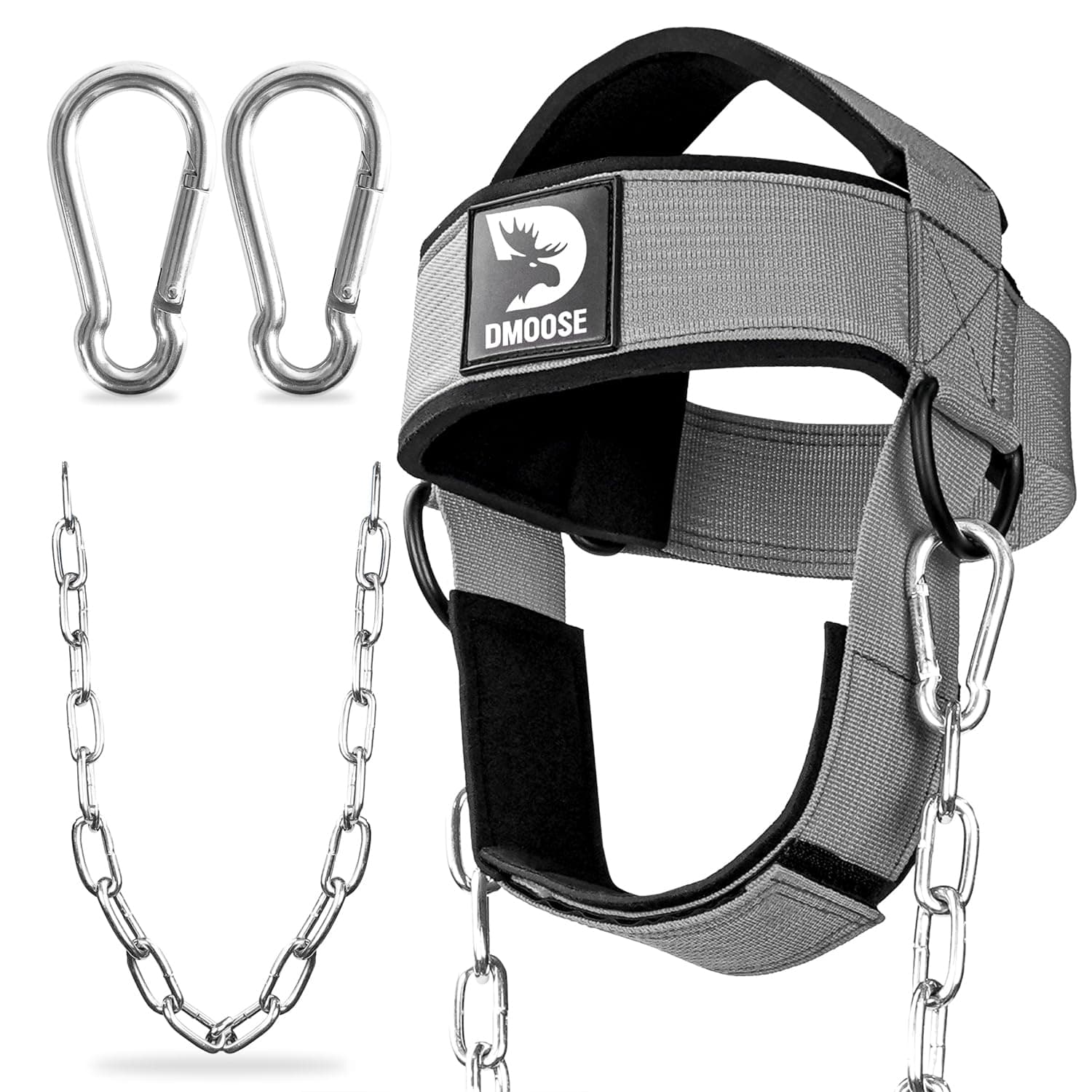 DMoose Fitness Neck Harness for Weight Lifting - Adjustable Head & Chin Strap with 30" Heavy Duty Steel Chain - Neck Exerciser, Trainer & Strengthener to Support Injury Recovery & Intense Workouts