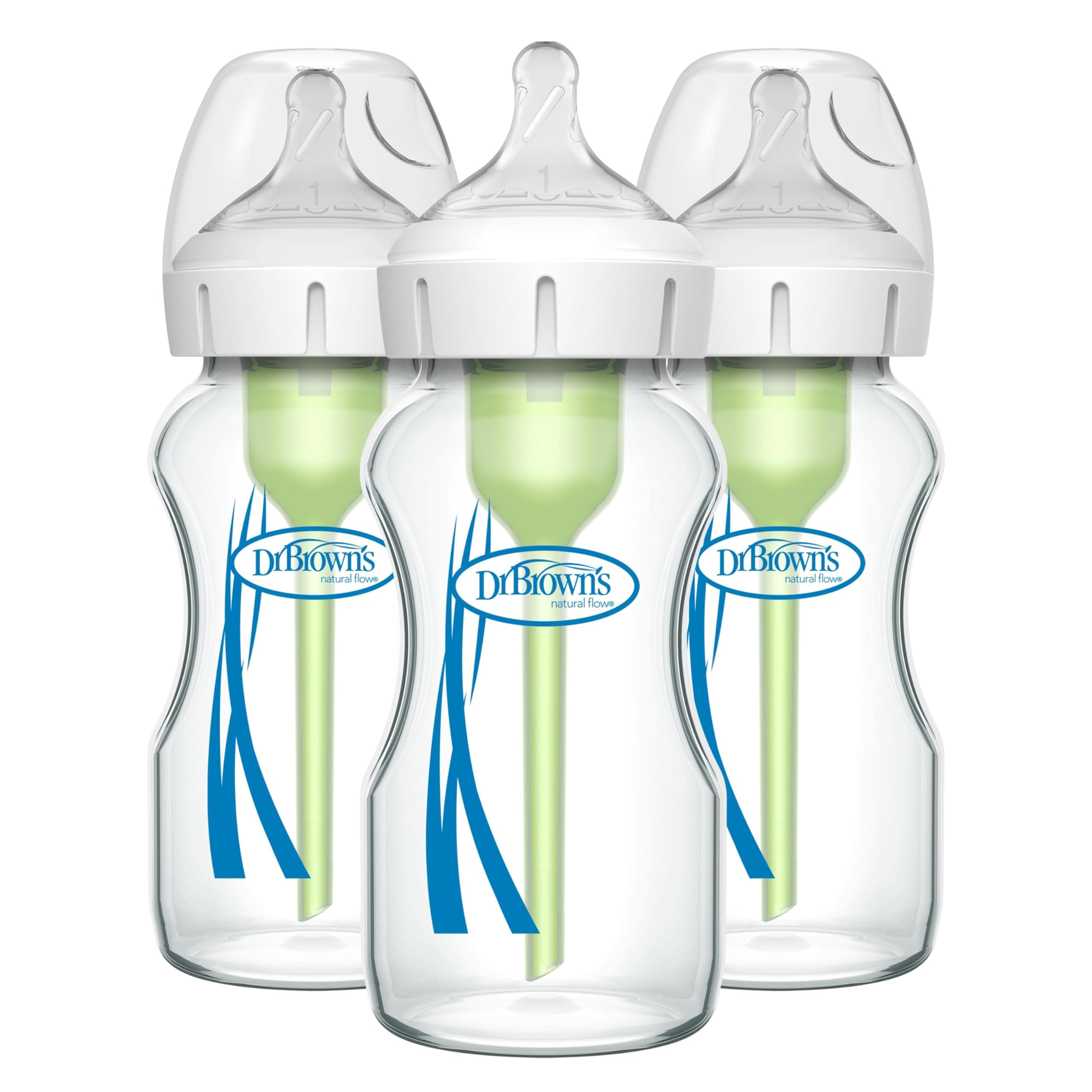 Natural Flow Anti-Colic Options+ Wide-Neck Glass Baby Bottles 9 oz/270 mL, with Level 1 Slow Flow Nipple, 3 Pack, 0m+