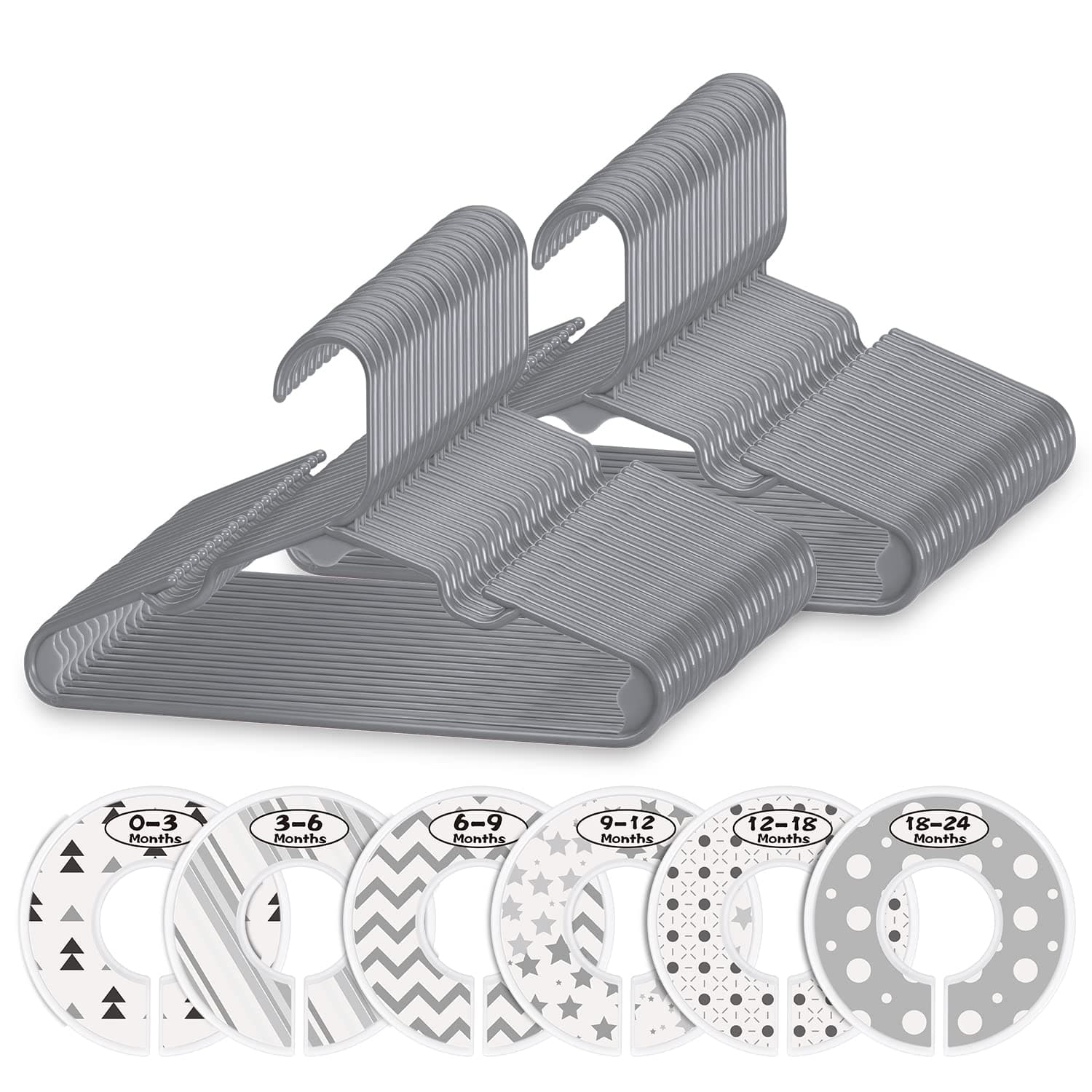 Minnebaby Plastic Baby Hangers 60 Pack, Ultra Thin No Slip Infant Nursery Clothes Hangers with 6 Pcs Cute Clothing Dividers for Boys & Girls Closet Organizer, Gray Kids Hangers