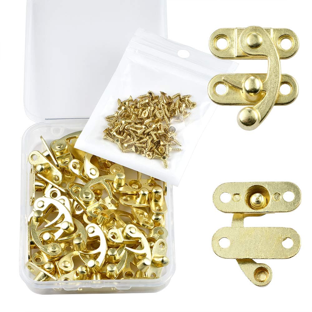 20 Pieces Jewelry Box Hardware Thickened Solid Antique Right Latch Hook Hasp Horn Lock Wood Jewelry Box Latch Hook Clasp and 80 Replacement Screws (Gold)