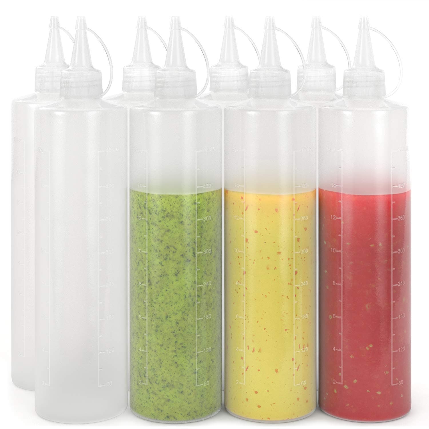 Condiment Squeeze Sauce Clear Plastic Bottles 8 Pack 16oz, BPA free, Ketchup Mustard Mayonnaise Squeeze Bottles with Attached Flip Caps