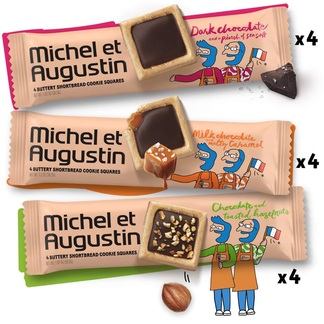 Michel et Augustin Gourmet Chocolate Cookie Squares | Individually Wrapped European Cookie Bars | 12-Bar Variety Pack | 4 French Shortbread Cookies per Bar