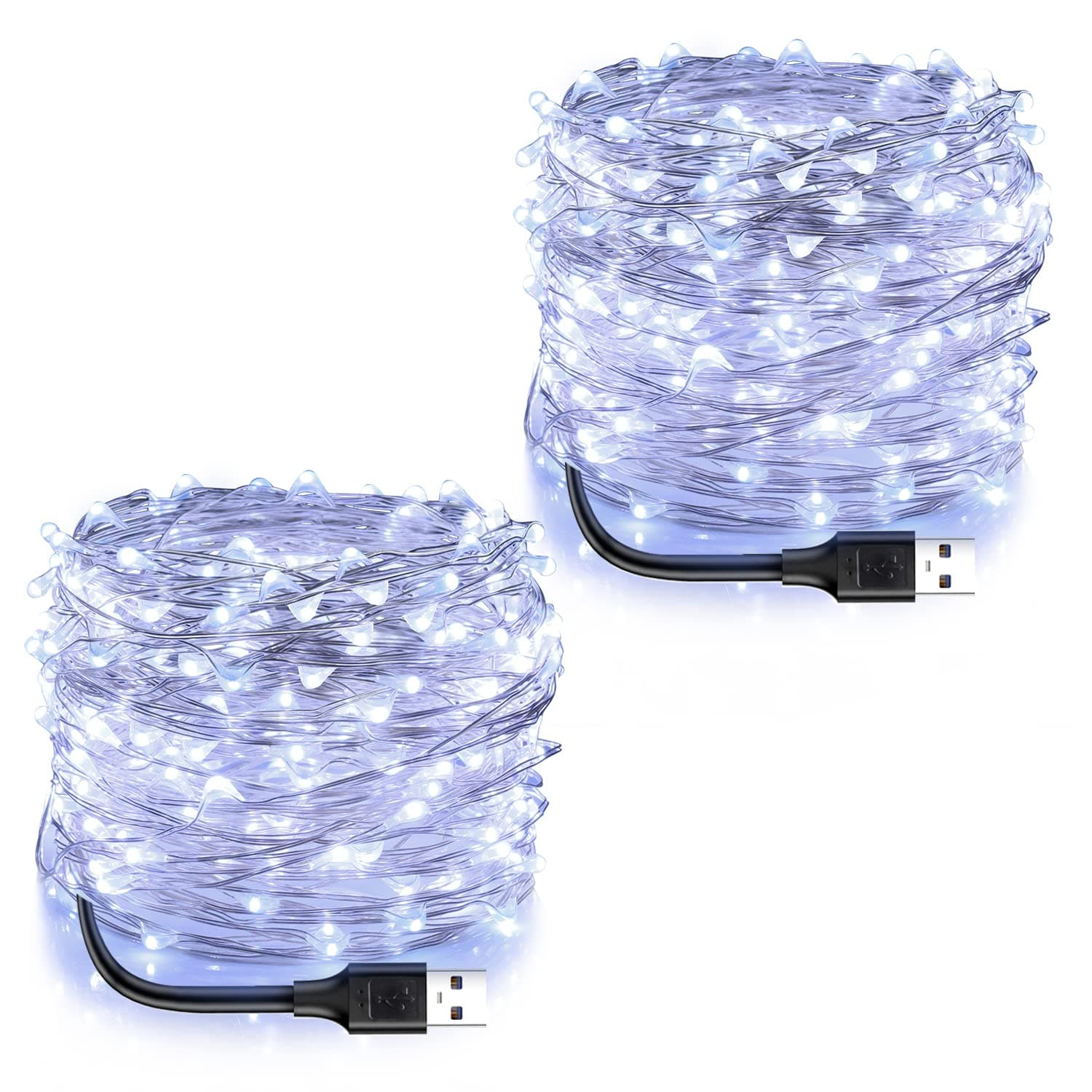 Blingstar USB Powered Fairy Lights, 2 Pack 33Ft 100 LED, Flexible Silver Wire, Mini String Lights for Christmas Tree/Bedroom/Camping/Dorm Indoor Decoration, Cool White