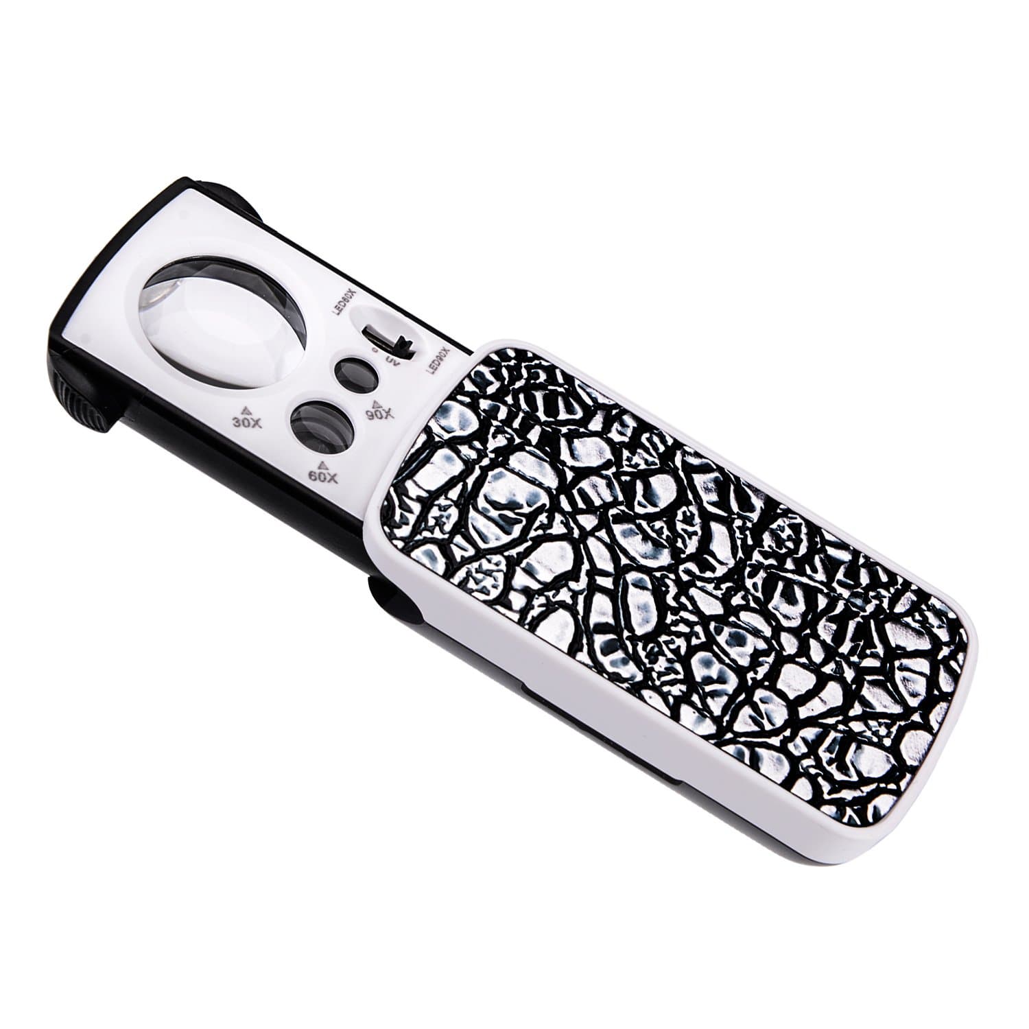 Changshengda Slide Out Pocket Magnifying Glass and Light - 30X 60X 90X Multi-Power Small Portable LED Jewellers Loupe Magnifier with UV Black Light Best for Jewellery, Diamonds, Gems, Coins, Stamps