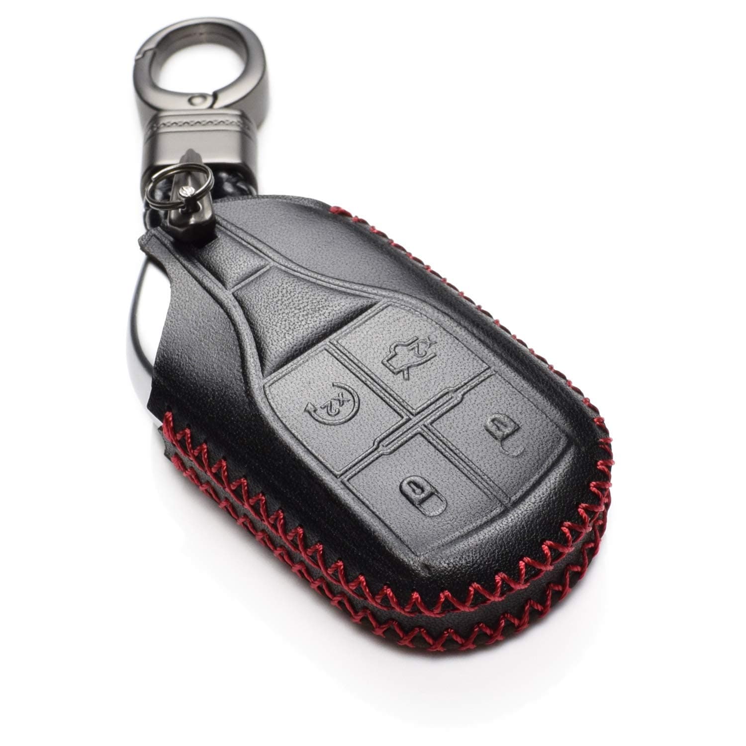 Vitodeco Genuine Leather Smart Key Fob Case Cover Protector with Key Chain Clip - Compatible for Maserati Ghibli, Levante, Quattroporte - Remote Start, Black/Red