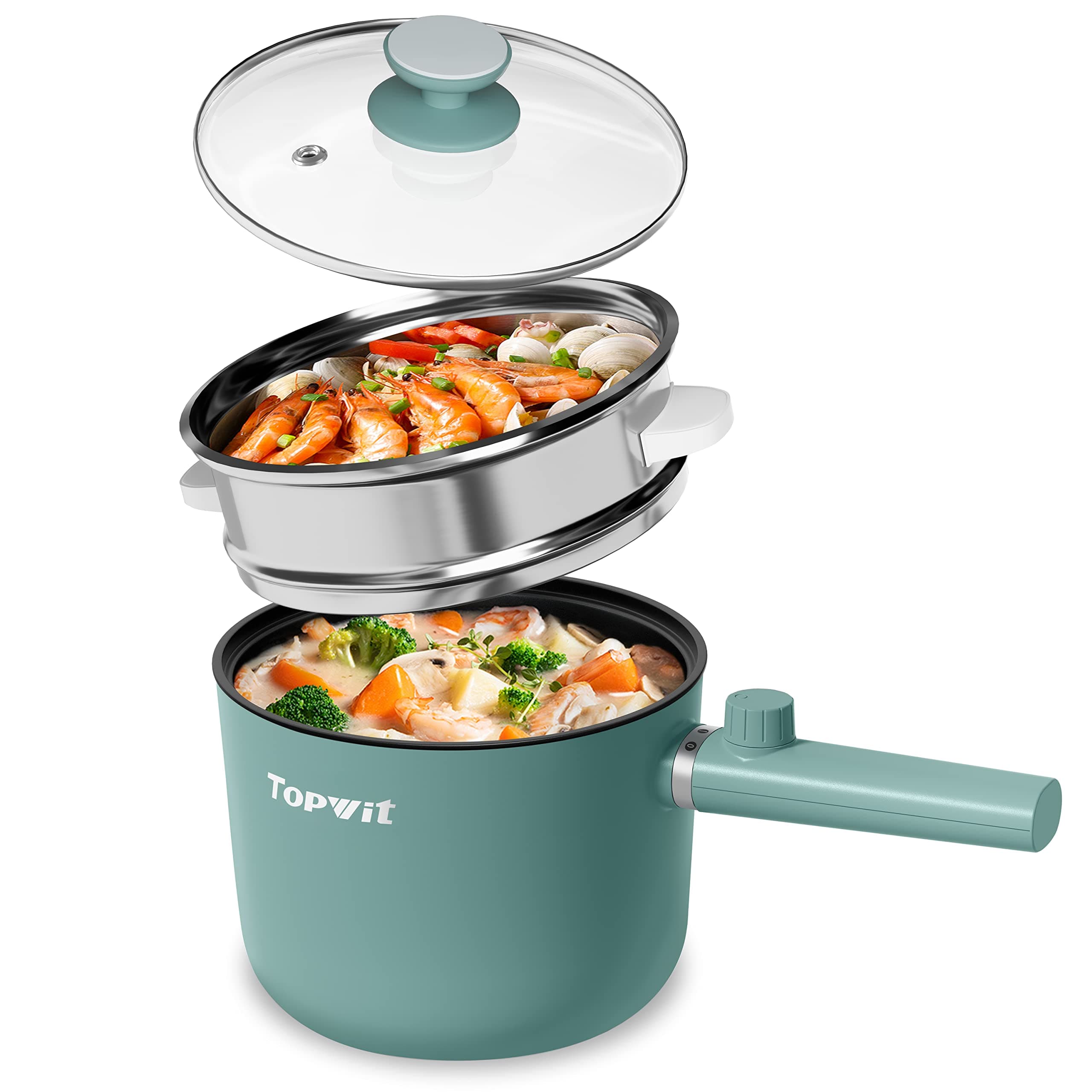 TopWitHot Pot Electric with Steamer, 1.5L Ramen Cooker, Non-Stick Frying Pan, Electric Pot for Pasta, BPA Free, Electric Cooker with Dual Power Control, Over-Heating & Boil Dry Protection, Green