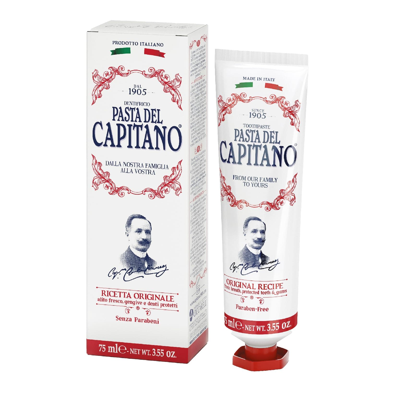 Pasta del Capitano 1905, Original Recipe Toothpaste, for a Safe and Fragrant Smile, Distinctive Taste with Clove Leaves, Spearmint and Cinnamon, 100% Made in Italy, 75 ml Tube
