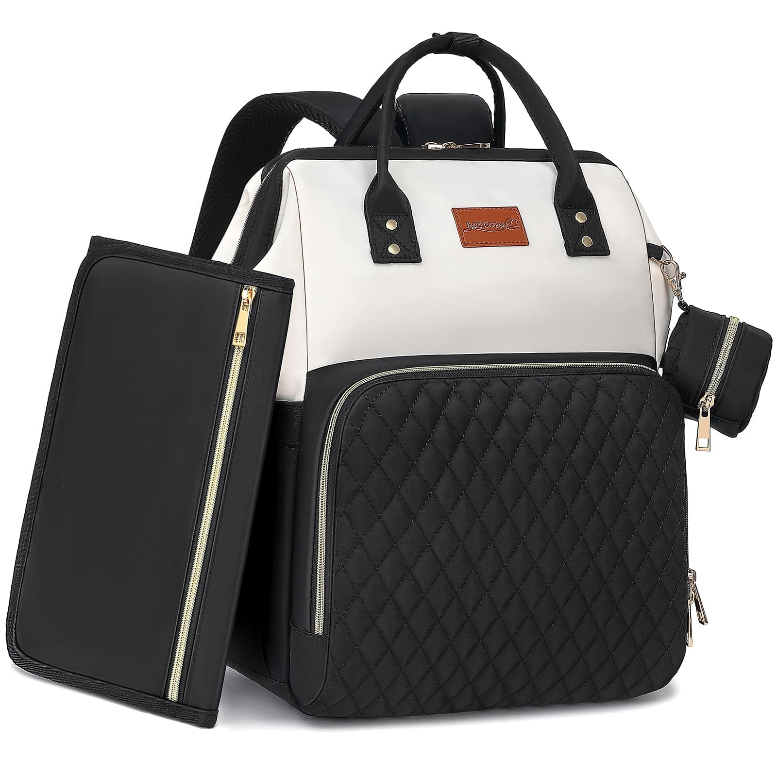 Baby Diaper Bag Backpack with Changing Pad, Pacifier Case, for Boy Girl Toddler - Large, Stylish, Waterproof Travel Quilted Diaper Bag for Mom - Black/White