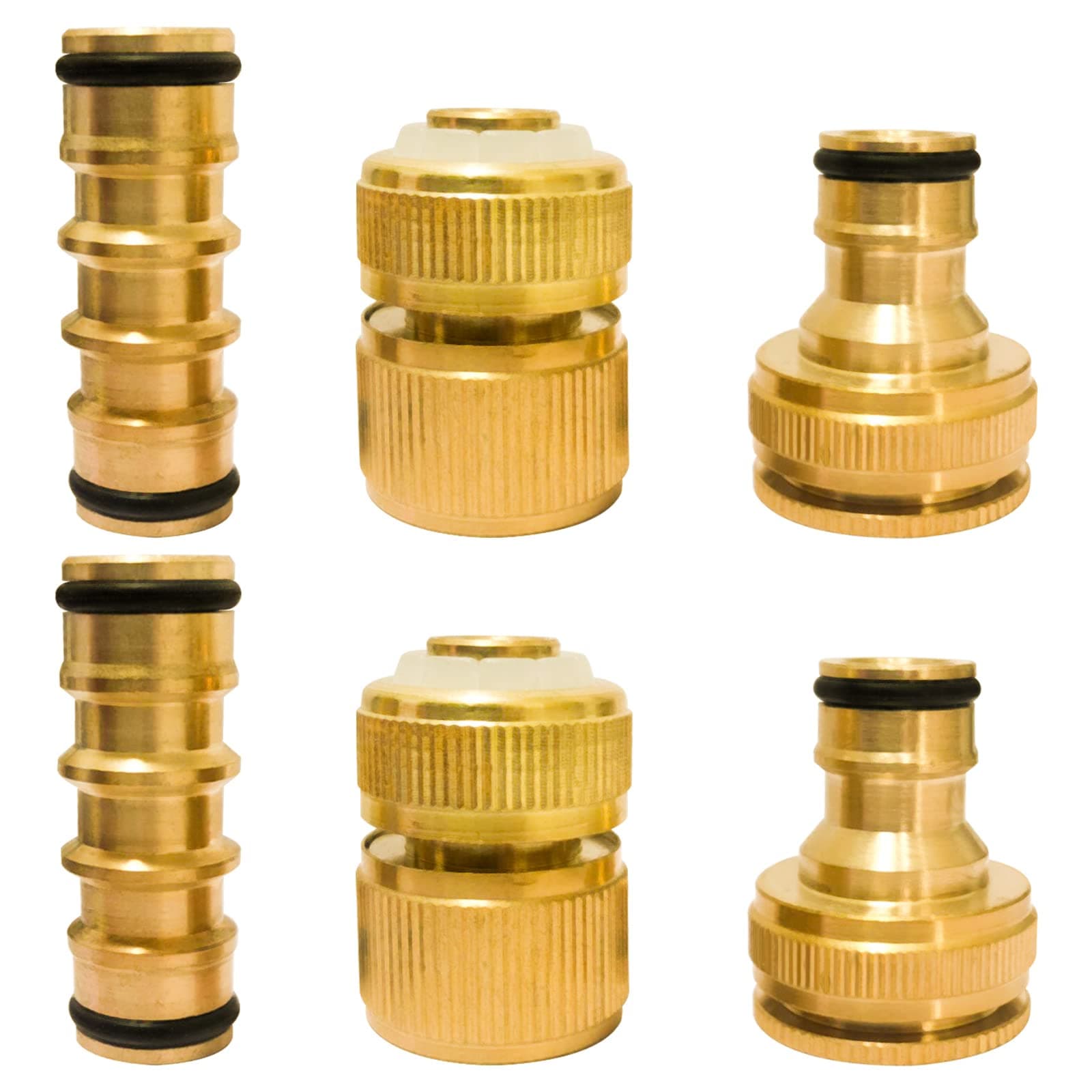 6 Pack Brass Garden Hose Connector Set,Rustproof Fittings & Connectors Kit with 2X Double Male, 2X Quick Connect, and 2X Tap Connectors,Fits Most Hose Pipes