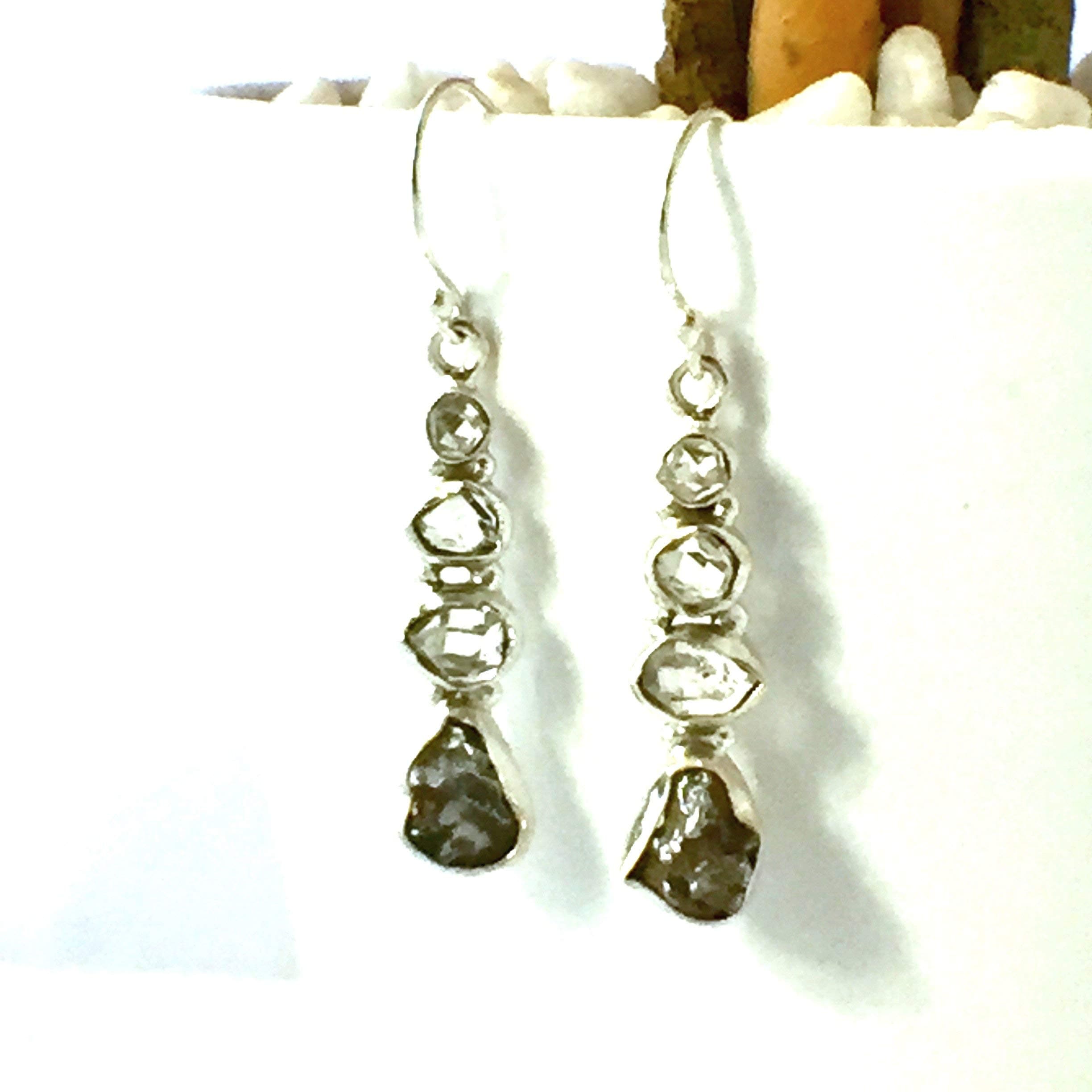 Authentic CAMPO DEL CIELO Meteorite and Natural Herkimer Diamond, 925 Sterling Silver, Elegant Earrings 1.18" Long.
