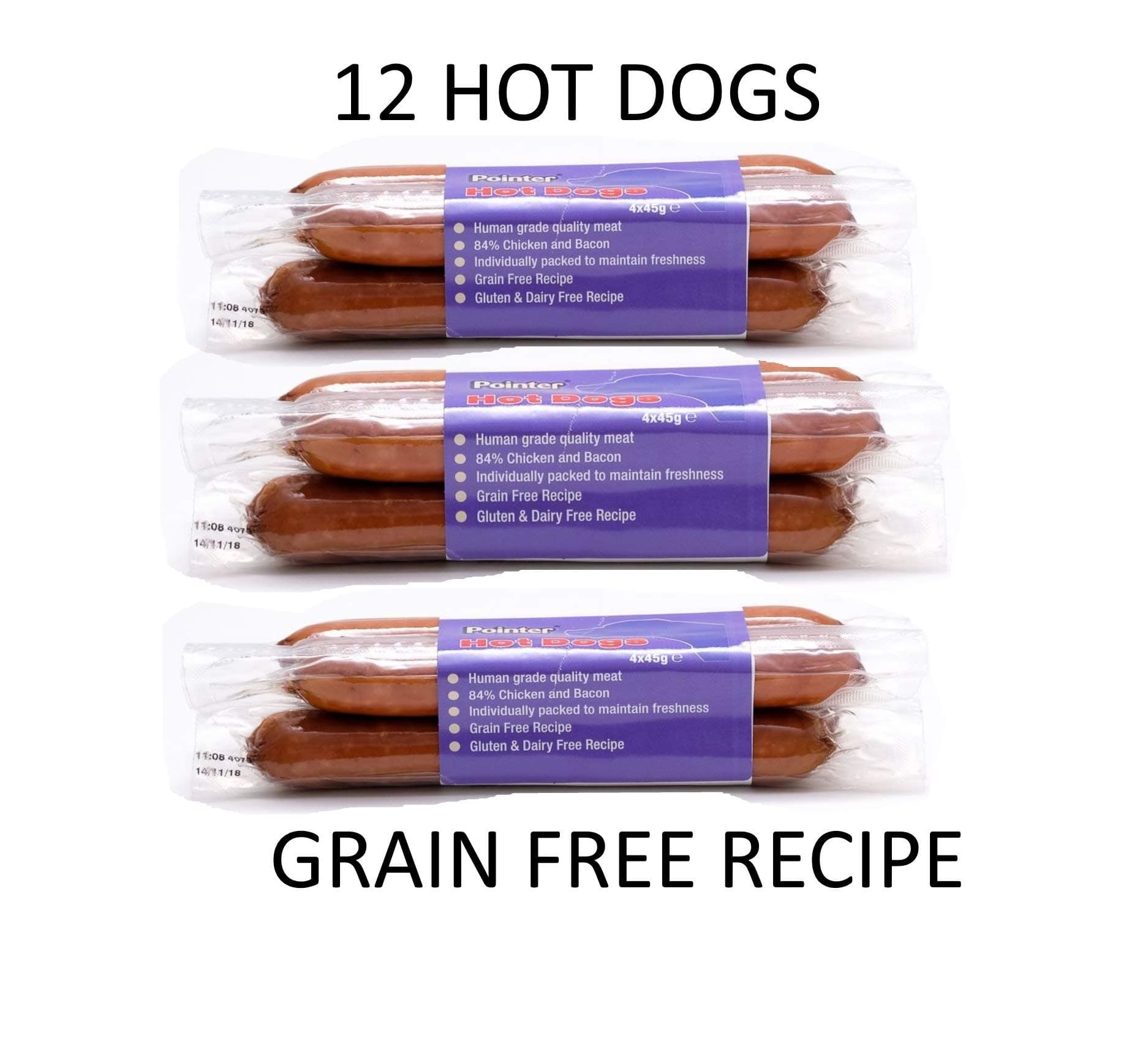 NEW* 3 X 4 PK DELICIOUS GRAIN GLUTEN FREE POINTER HOT DOGS DOG PUPPY MEATY TREAT
