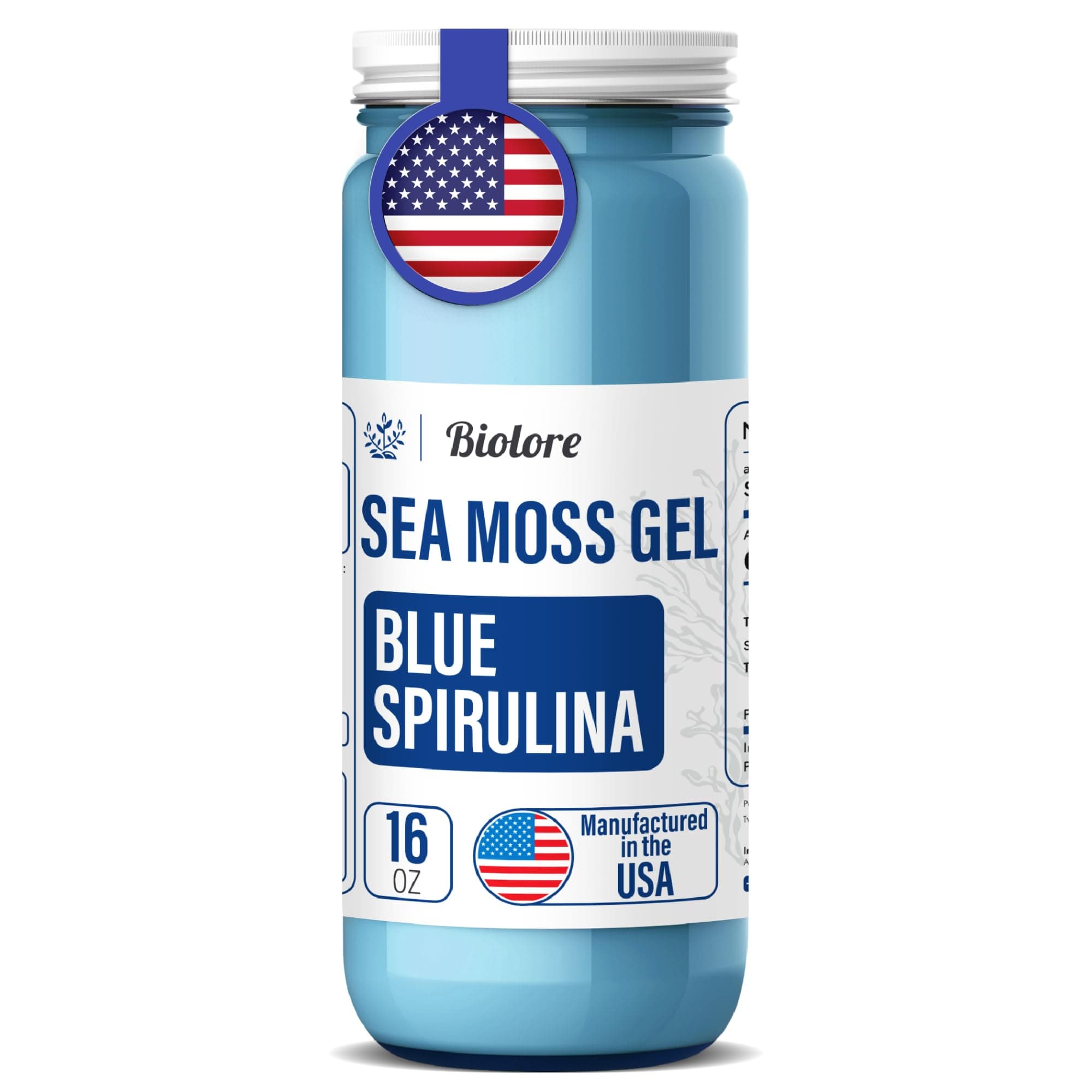Biolore Sea Moss Gel - Blue Spirulina 16oz, Wildcrafted Irish Seamoss with Essential Vitamins & Trace Minerals, Vegan Superfood Made in USA