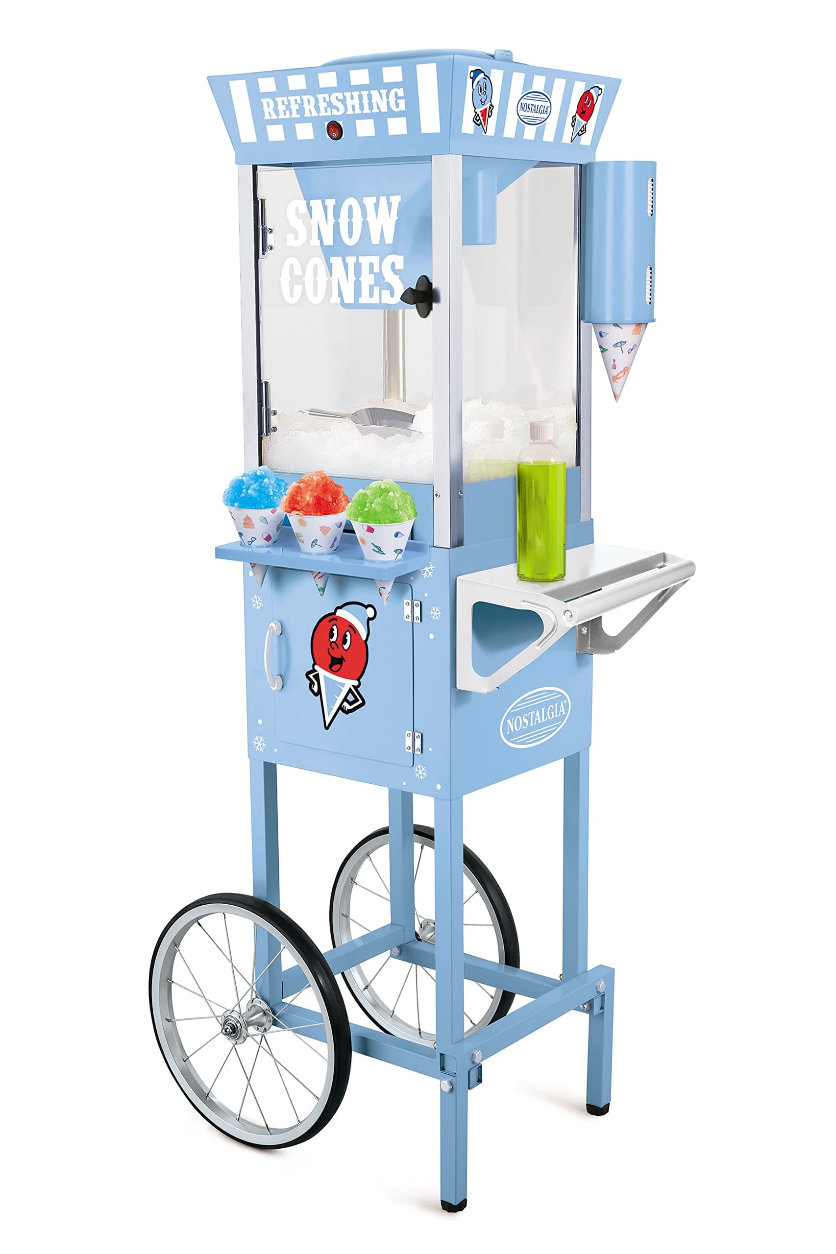 Nostalgia SCC200 54-Inch Tall Snow Cone Cart, Makes 72 ICY Treats, Includes Metal Scoop, 2 Syrup Bottles, 100 Paper Cups/Spoons, Storage Compartment, Wheels for Easy Mobility – Blue, Plastic