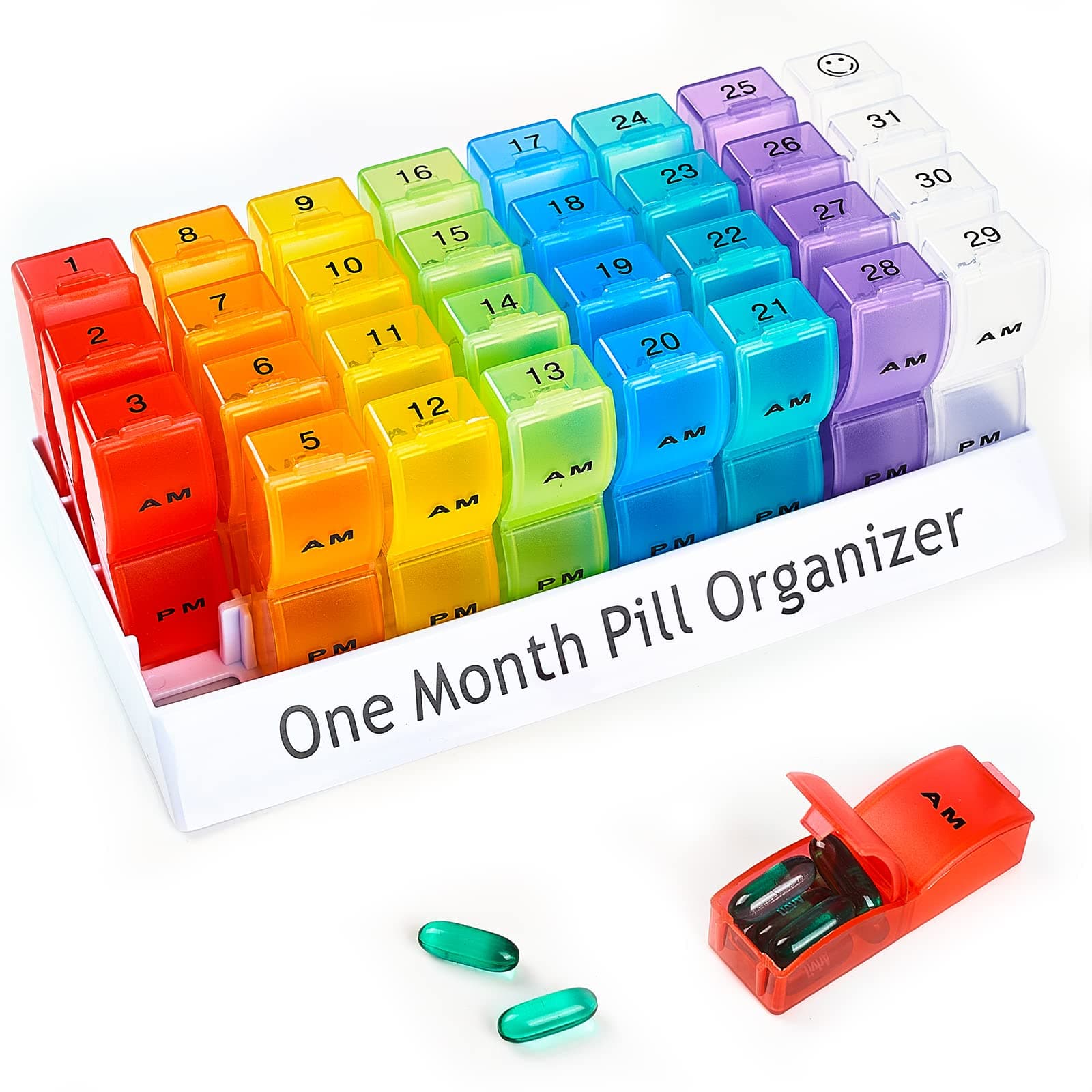 PuTwo Pill Box 31 Days Monthly Pill Organizer AM PM Pill Organizer 2 Times A Day Medicine Organizer with White Base Detachable & Portable Medicine Box for Advil Aspirin Fish Oil Vitamin - Multicolored