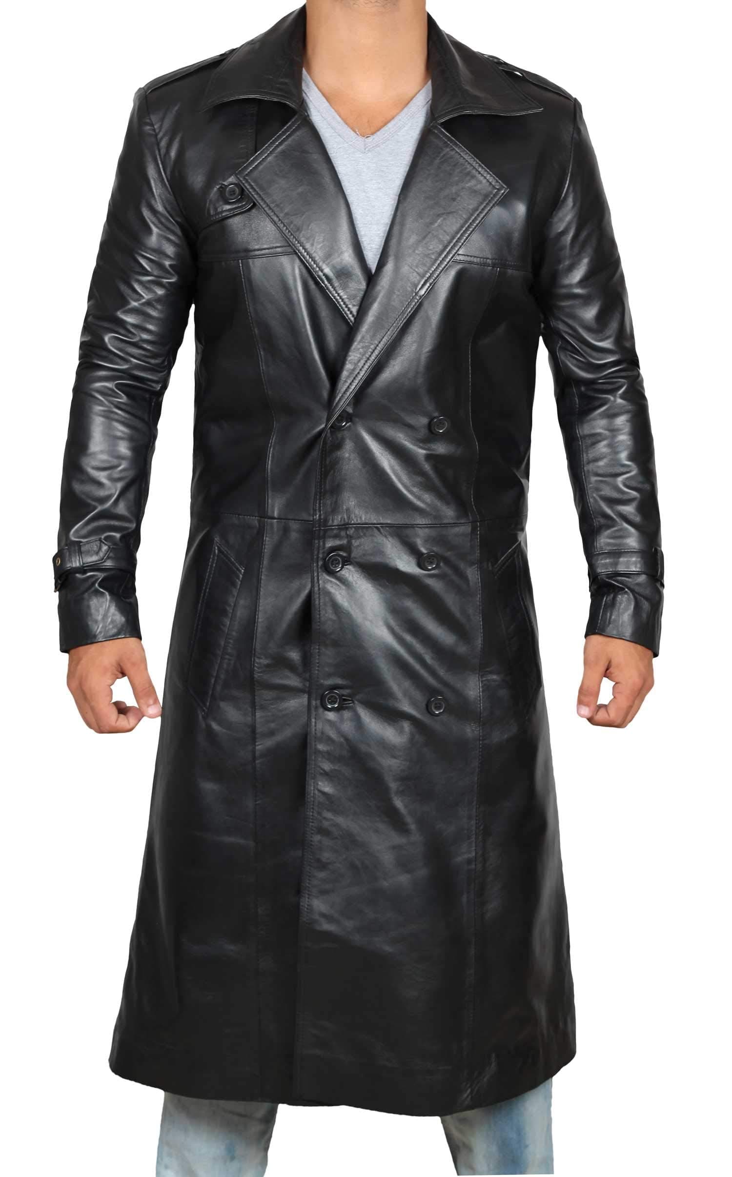 Blingsoul Leather Trench Coat Men - Real Leather Long Overcoat for Mens