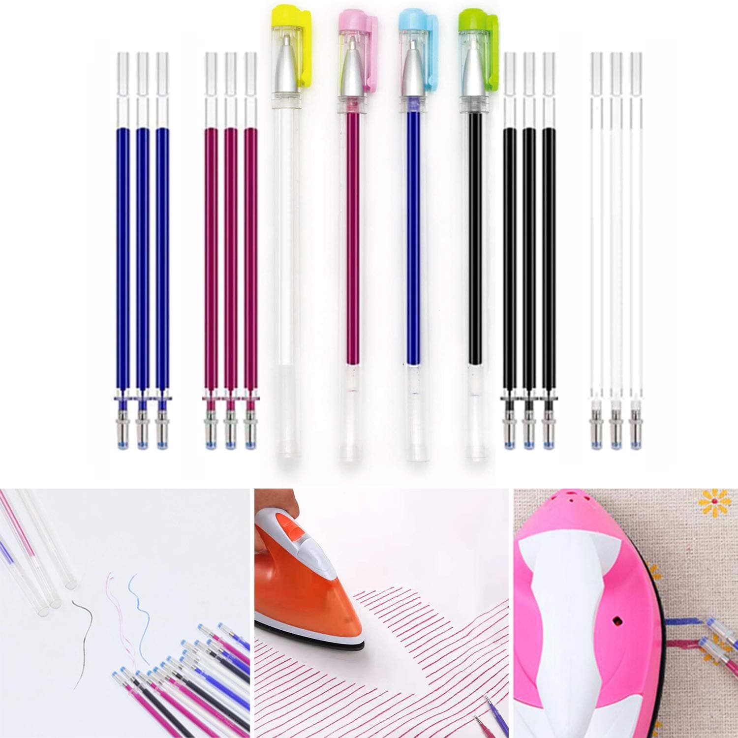 Heat Erasable Fabric Marking Pens with 16 Refills for Tailors Sewing, and Quilting Dressmaking, 4 Colors Heat Erasable Marking Pens for Various Colors of Fabrics (White, Red, Blue, Black)