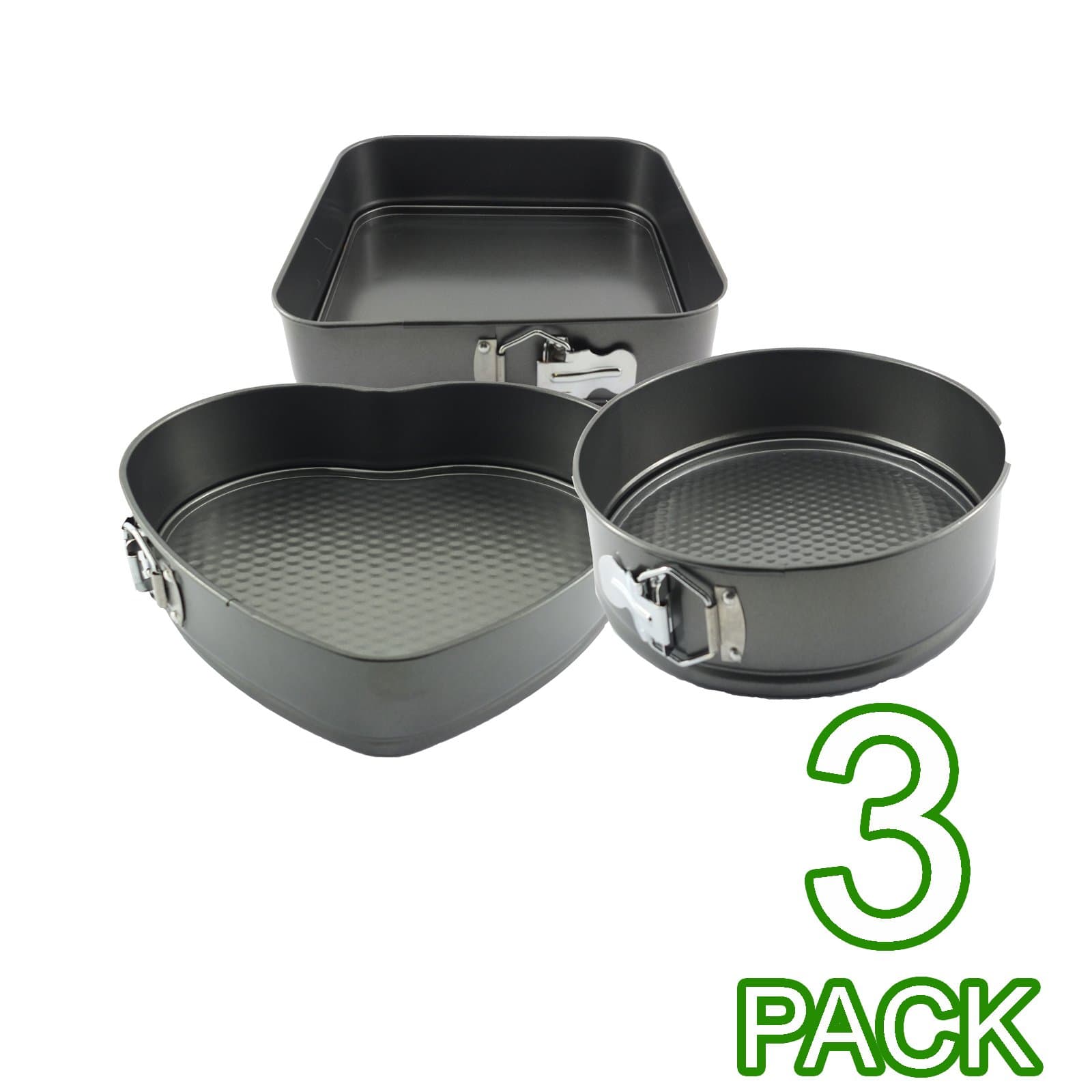 Three Piece Springform Cake Tins Set - with Heart, Round and Square Designs (3 Pack)