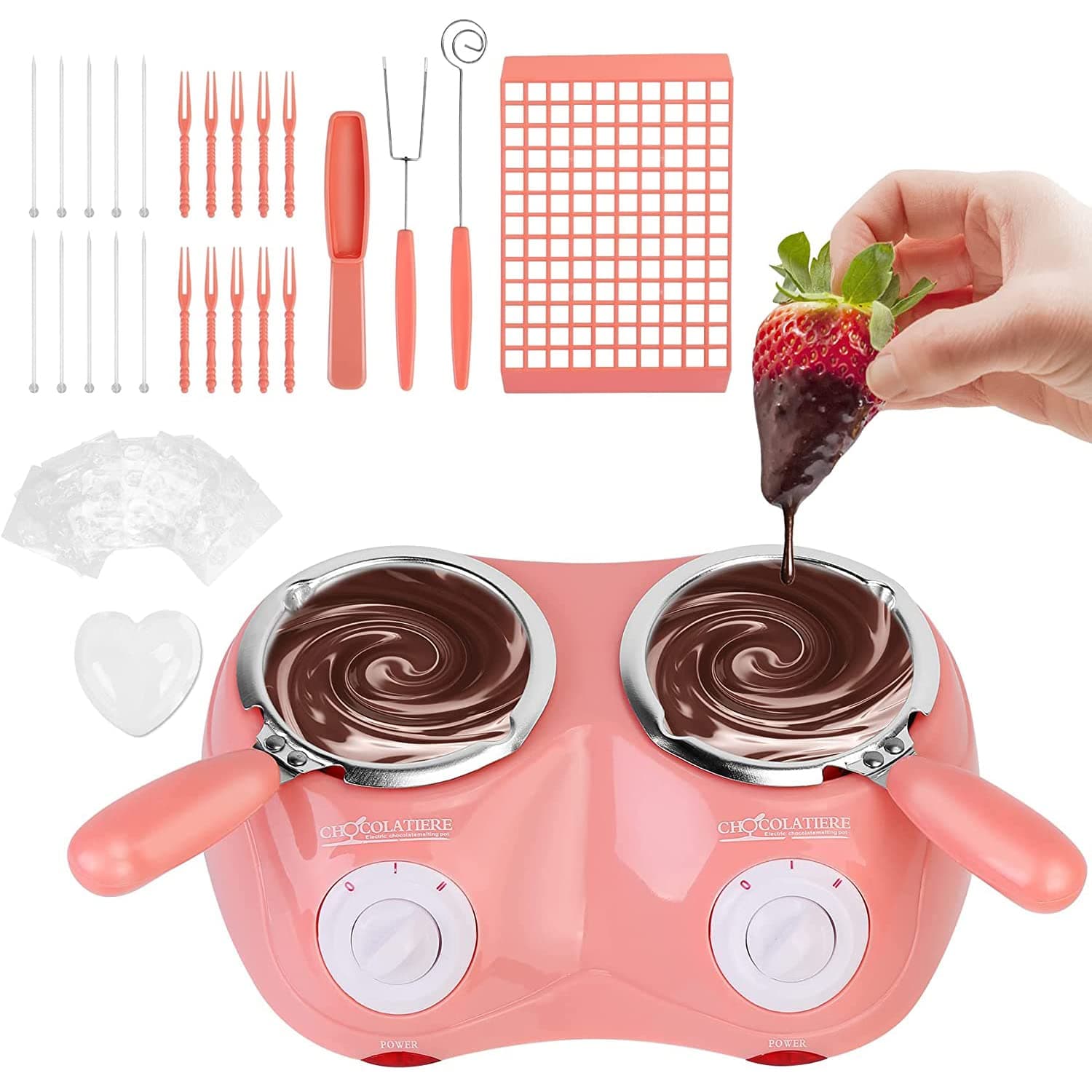 Angju Chocolate Melting Pot Electric Chocolate Melting Fondue Set, Double-pot Chocolate Fondue Fountain for Melts Chocolate, Cheese, Candy and Butter, 24W Chocolate Melting Machine for Party DIY