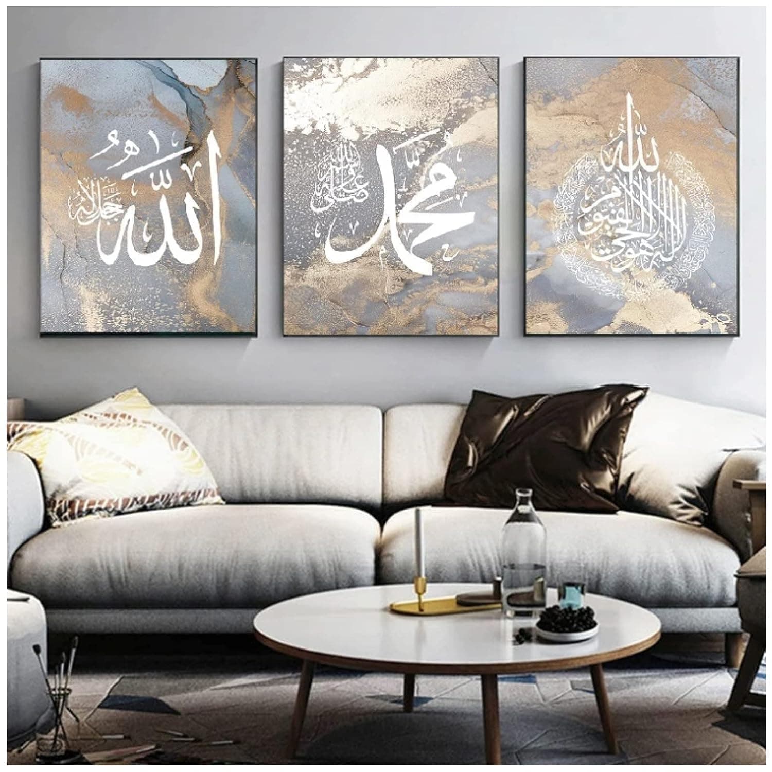Modern Grey Marble Allah Muhammad Arabic Islamic Calligraphy Muslim Gift Minimalist Wall Art Home Decor Canvas Paintings Prints 40X50Cmx3Pcs No Frame