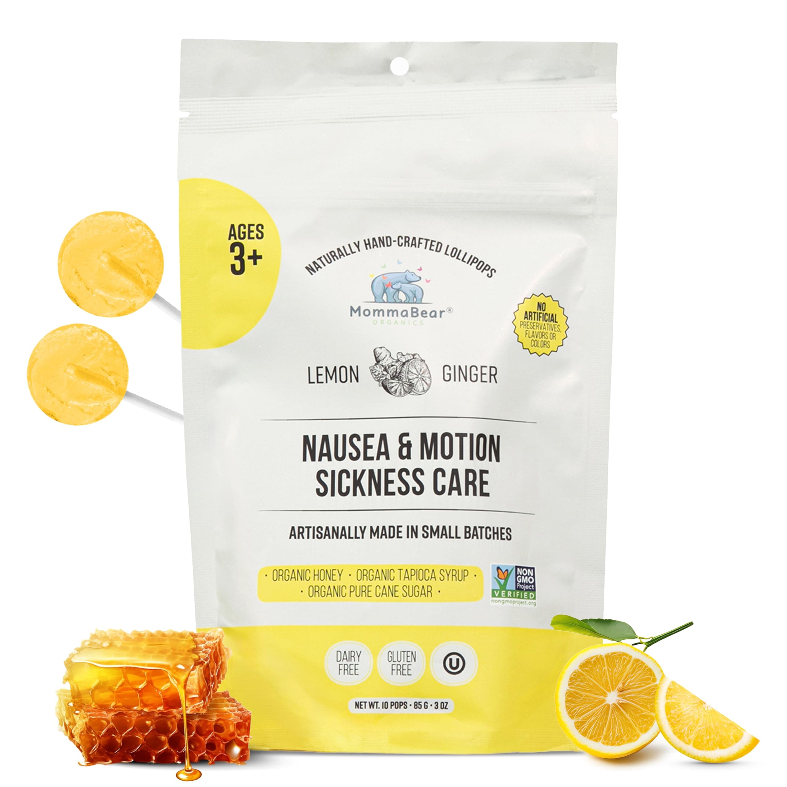 MommaBear Nausea & Motion Sickness Lollipops – Non-GMO Lemon & Ginger Candy for Nausea – Organic Lollipops for Kids 3+ & Pregnancy Must Haves to Ease Queasiness – Freshness, Sealed in (10 Pack)