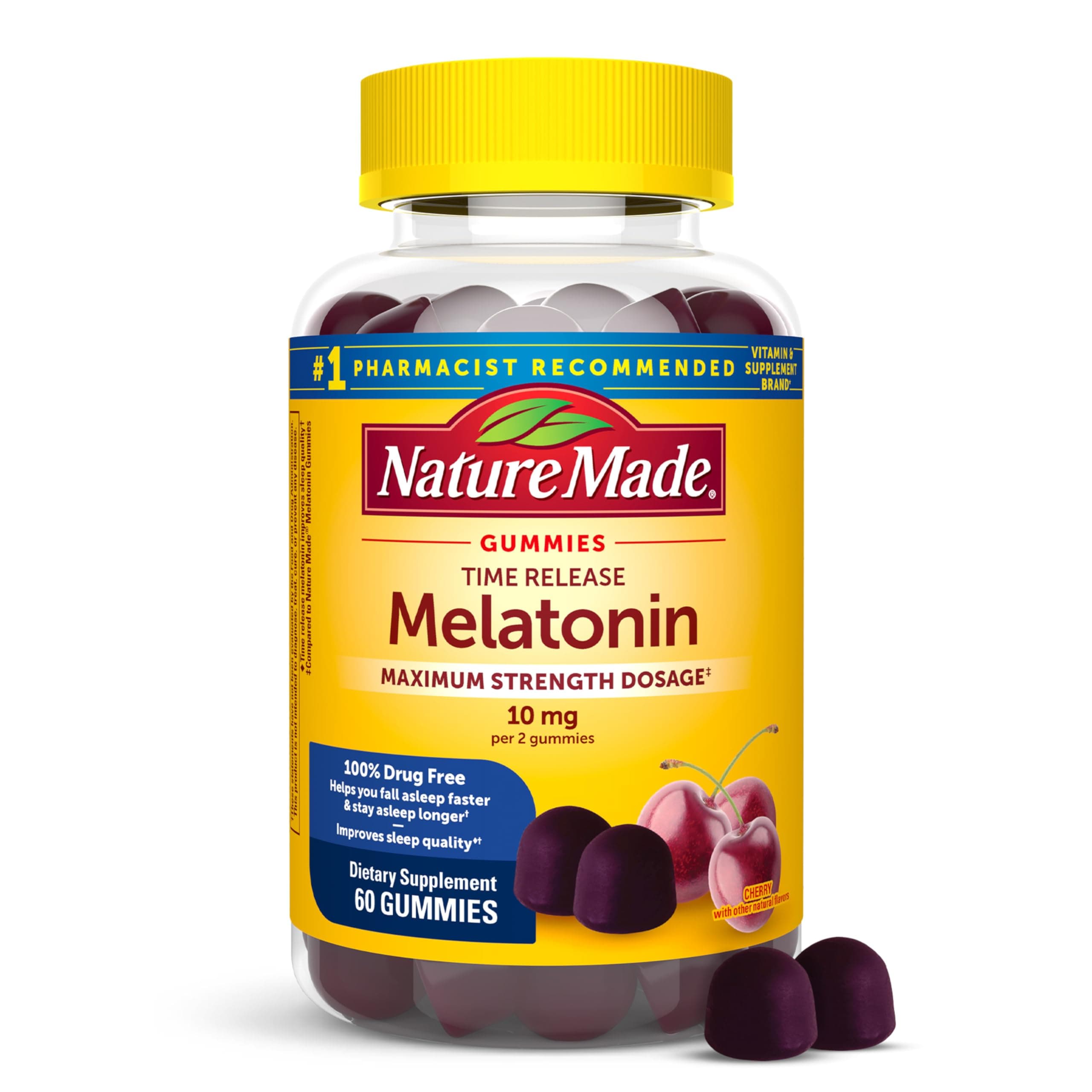 Time Release Melatonin Gummies 10mg per Serving, Maximum Strength Dosage Sleep Aid for Adults, 100% Drug Free, 60 Gummies, 30 Day Supply