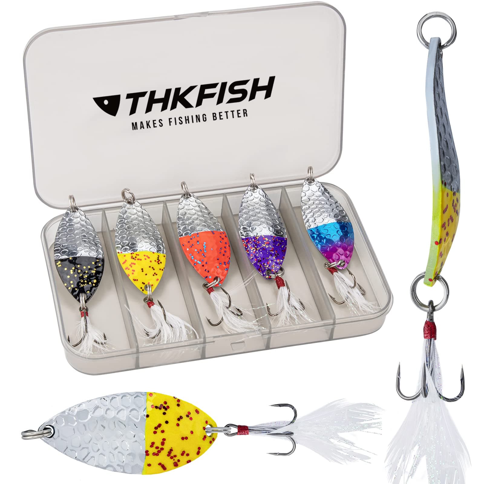 THKFISH Fishing Spoon Lures for Trout, Bass, Pike, Mackerel - 5Pcs