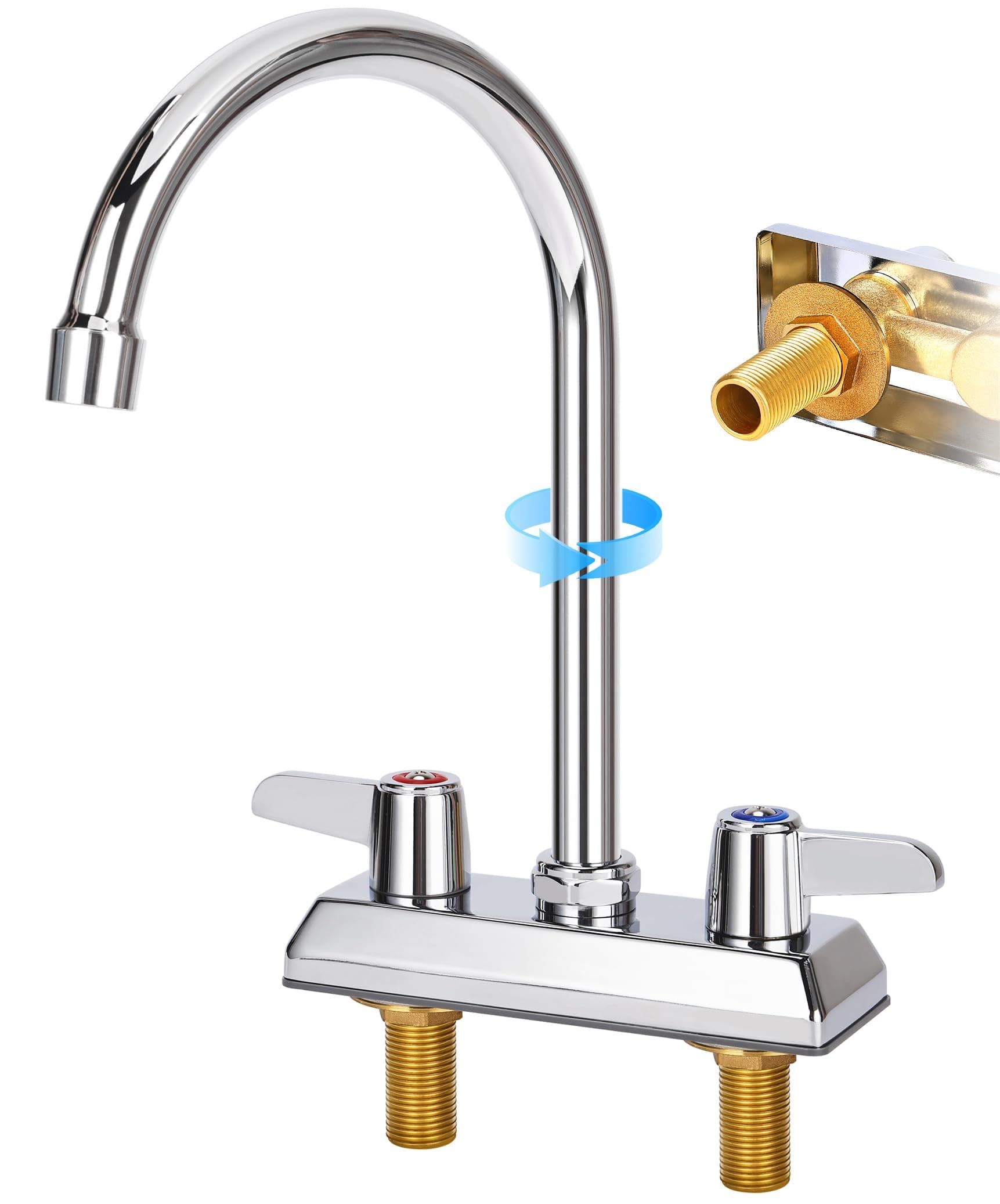 Commercial Bar Sink Faucet,4 Inch Center Deck Mount Utility Sink Faucet, 2 Hole Brass Constructed,Chrome Polished with 6" Gooseneck Spout and 90°Rotatable Dual Lever Handles.