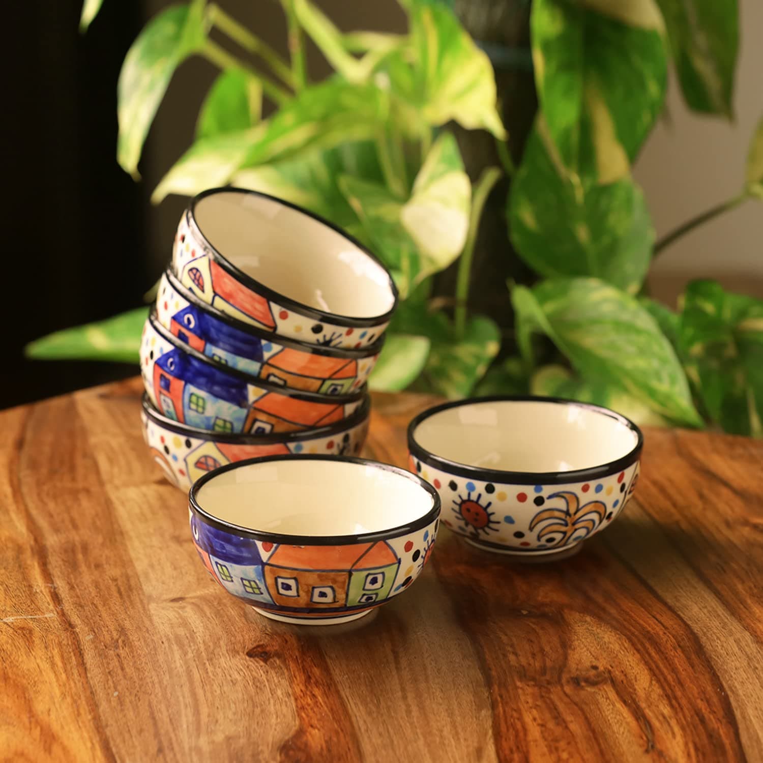 The Serving Hut' Handpainted Ceramic Bowls Set of 6 (170 ML, Microwave Safe)| Bowls for Serving Bowls for Snacks Bowls for Dining Table Bowls for Kitchen Ceramic Bowl Set, Multicolor