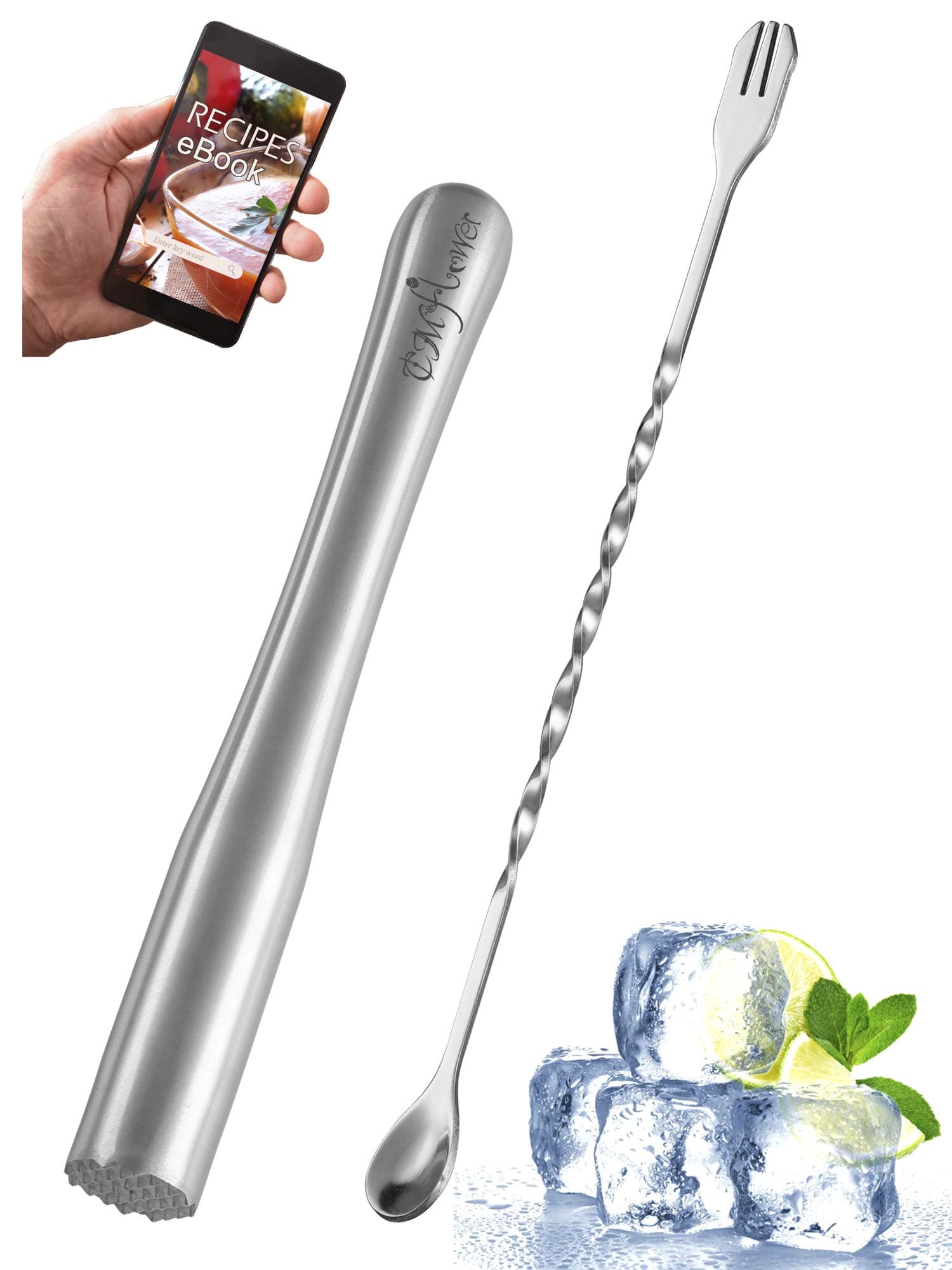 Bebebao Stainless Steel Cocktail Muddlers Bartending Tool Mixing Spoon 26cm+ Ice Crushing Hammer 25cm Cocktail Bartending Tool, Stainless Steel