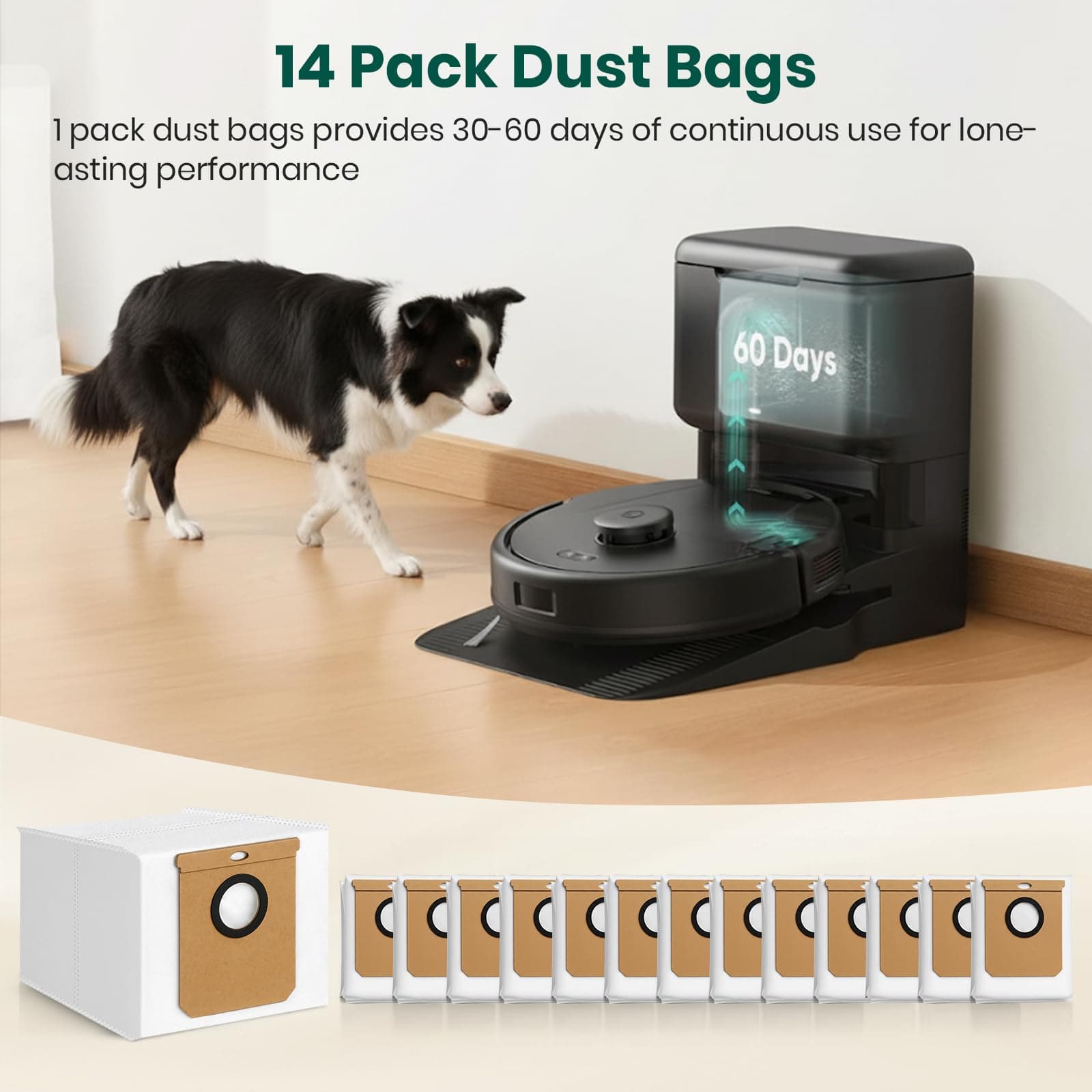 14 Pack Vacuum Bags for Eufy L60, L60 Hybrid, L50 Series Robot Vacuum, Large Capacity Disposable Replacement Dust Bags, Up to 60 Days Hands Free Cleaning