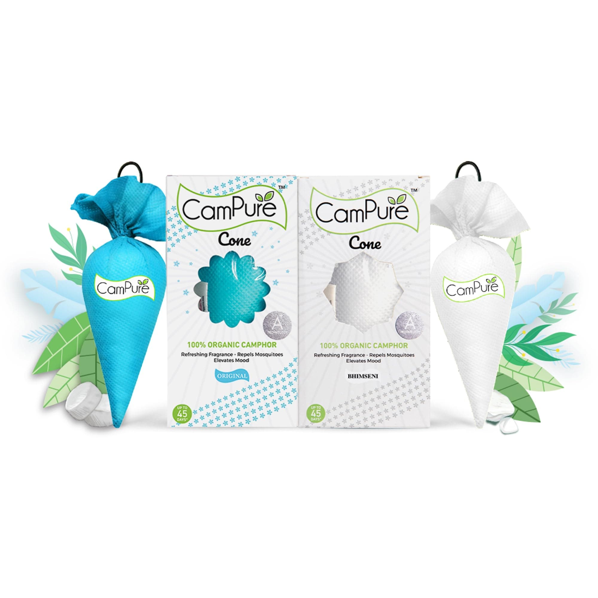 CamPure Camphor Cone (1 Original + 1 Bhimseni) Pack Of 2-100% Organic | Air Freshener For Car, Wardrobe, Office Cabin's, Drawers, Travel Bag & Bathroom