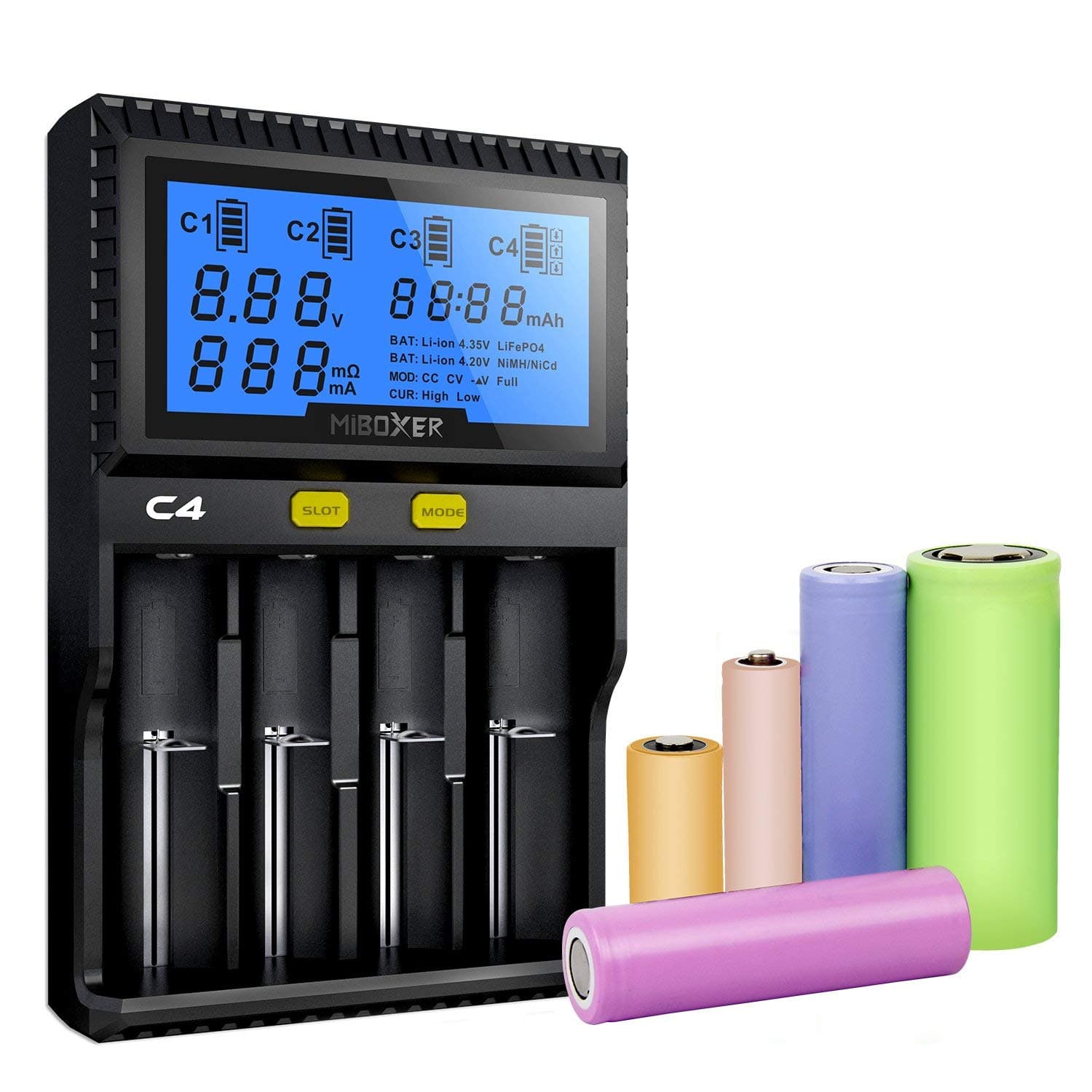 Miboxer C4 V3 Universal 18650 Charger 4 Slots for Rechargeable Batteries Ni-MH Ni-Cd AA AAA Li-ion LiFePO4 IMR ICR 10340 18650 26650 21700 with Protect Board