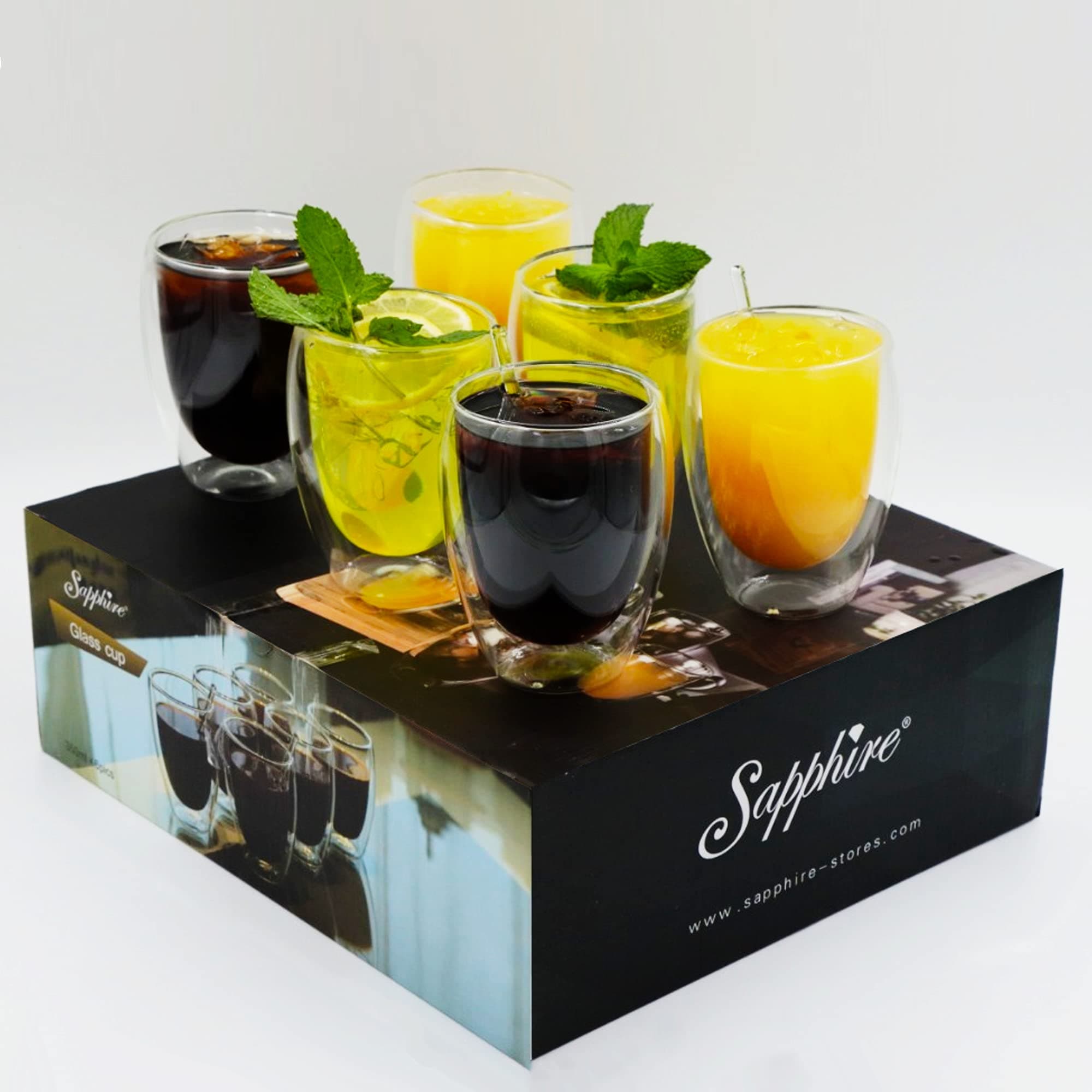 Sapphire® Double Wall Glass glazed large Cup Mug 350ml Set of 6, Thermo Insulated Clear, 2 Spoon & Safe Packing, for Lungo, Latte, Americano, Juice, Cold 12 Ounce - كوب مزدوج حراري زجاجي دبل طبقتين