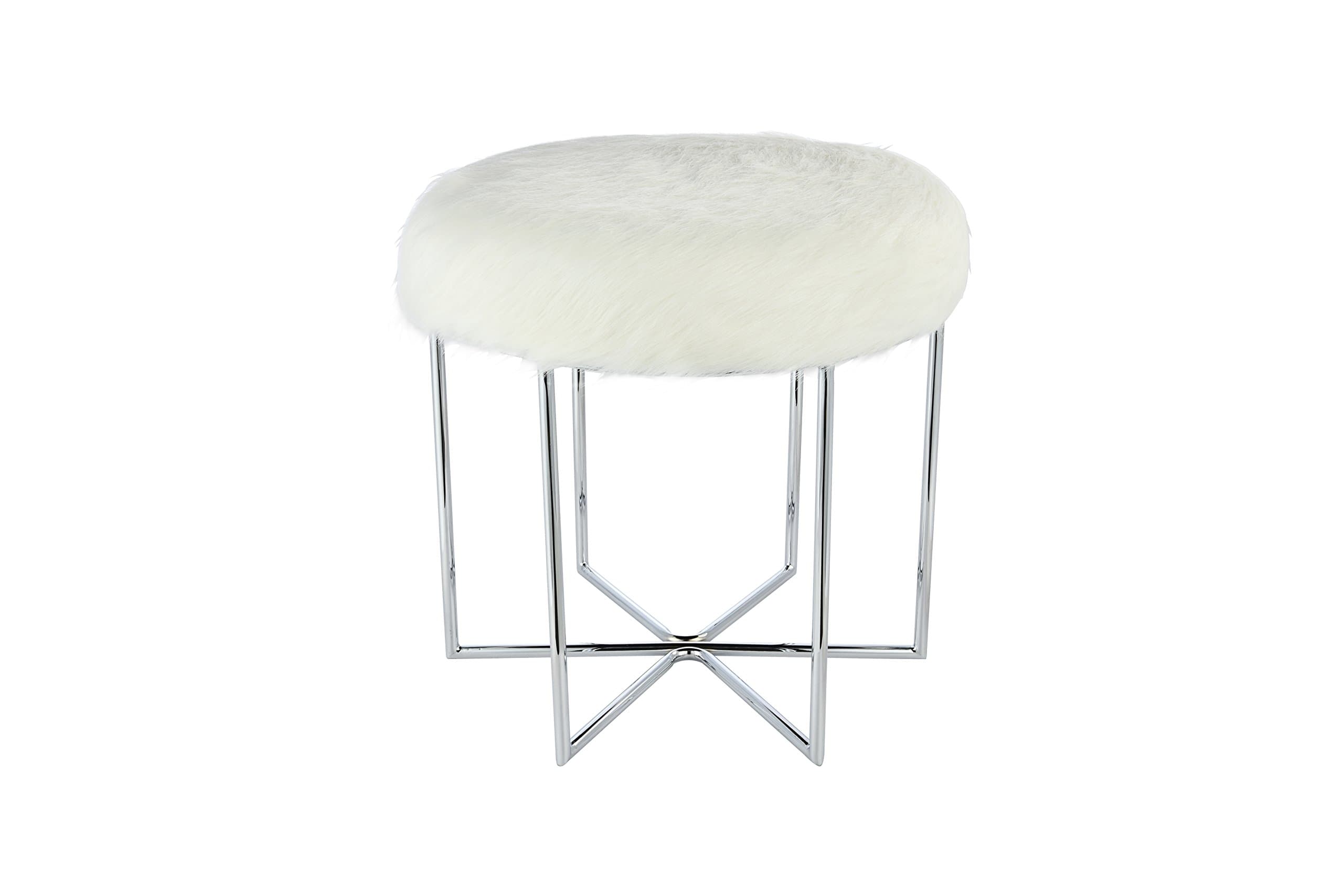 Round Sheepskin Top Faux Fur Stool, 17", White Finish