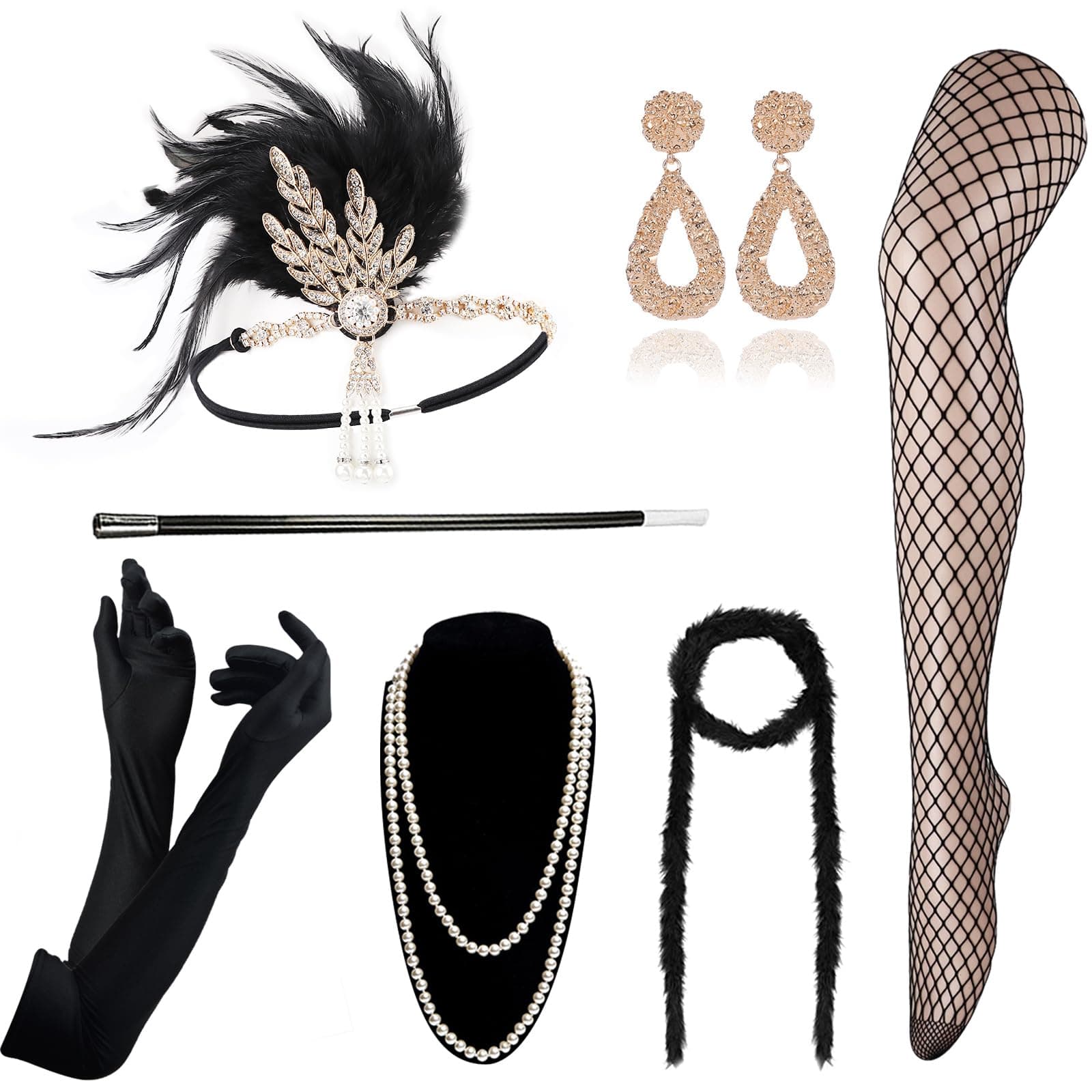 DRESHOW1920s Great Gatsby Accessories for Women Flapper Headpiece Headband Gloves Costume Harlem Nights Accessories Set