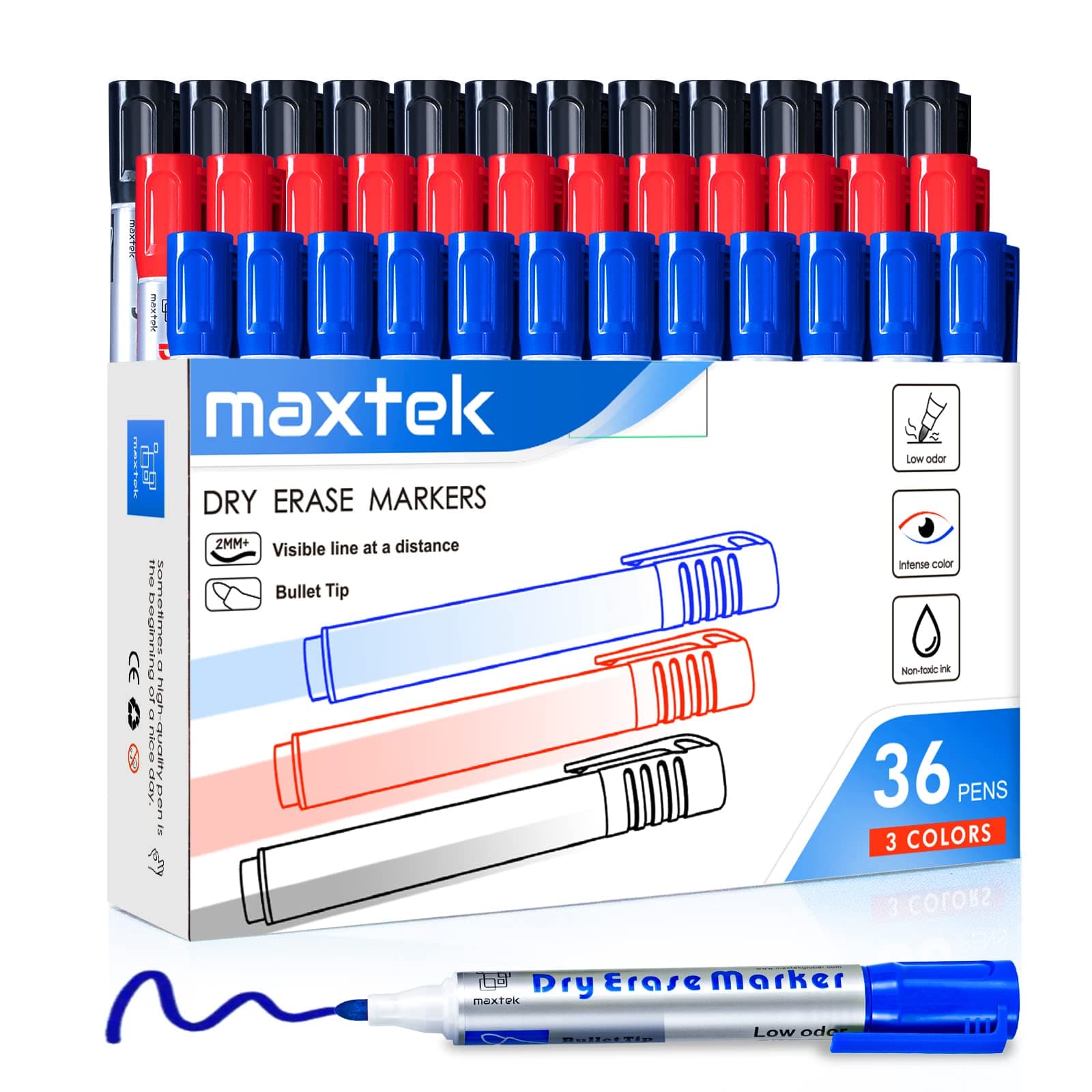 maxtek Whiteboard Pens Markers, 36 Count Whiteboard Markers Pens Erasable, Bullet Tip Black Blue Red 3 Assorted Colors, 2-3mm, Office & Classroom Teaching Supplies
