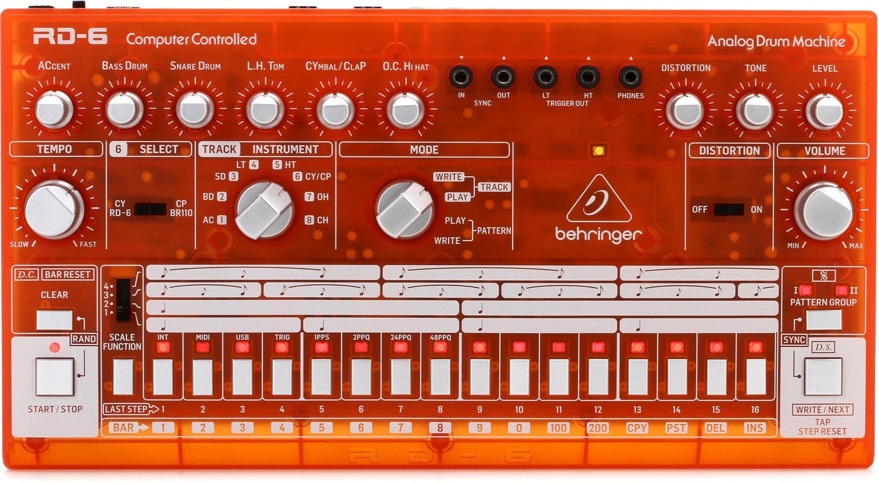 Behringer RHYTHM DESIGNER RD-6-TG Analog Drum Machine with 8 Drum Sounds, 64 Step Sequencer and Distortion Effects, Compatible with PC and Mac
