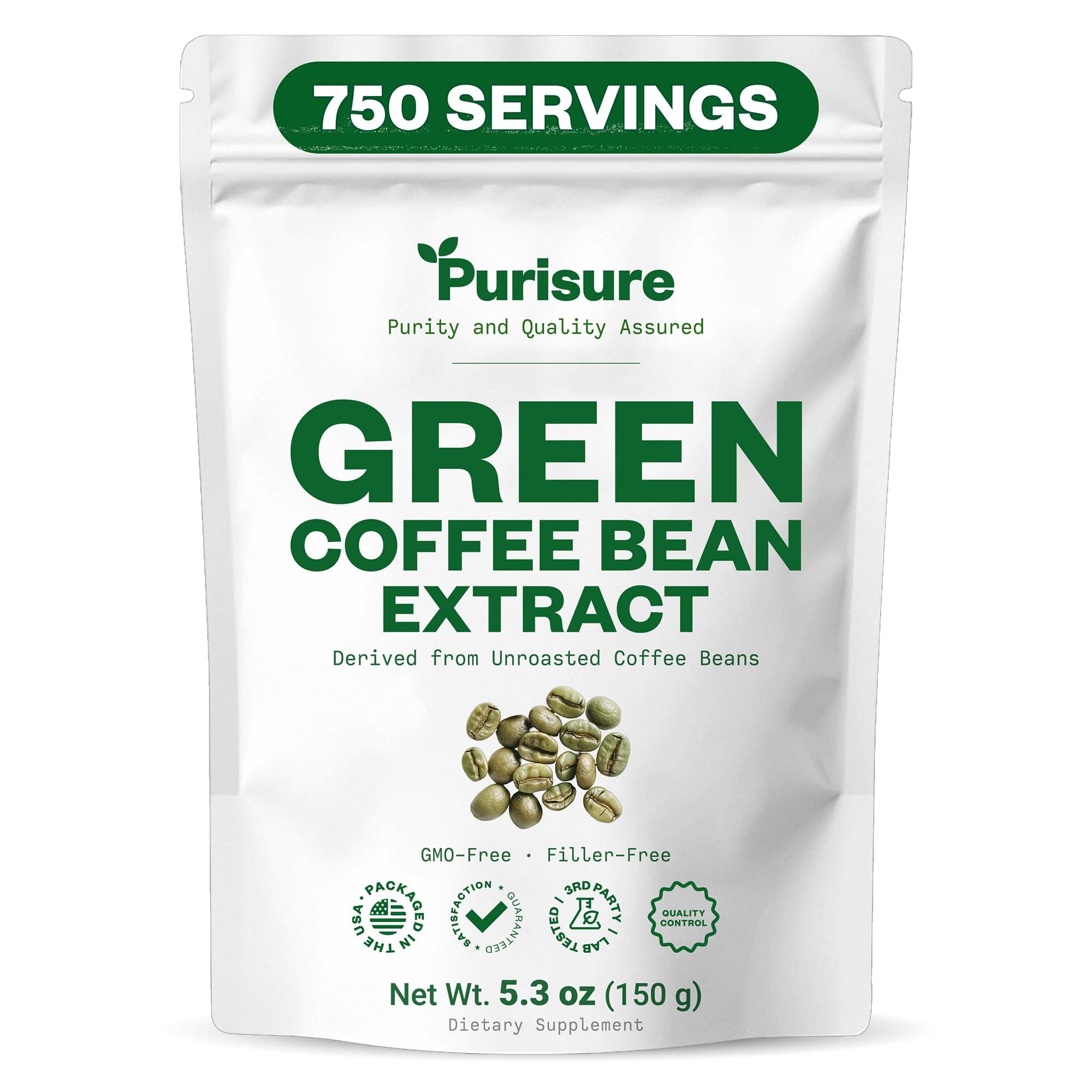 Purisure Green Coffee Bean Extract Powder 150g (5.3 oz), Green Coffee Bean Extract, 750 Servings
