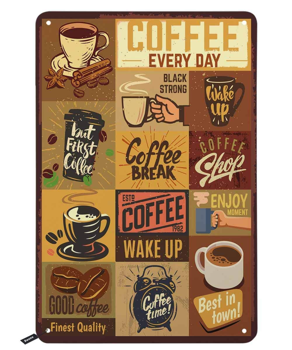 Swono Coffee Quotes Tin Signs,Coffee Every Day Vintage Metal Tin Sign for Men Women,Wall Decor for Bars,Restaurants,Cafes Pubs,12x8 Inch