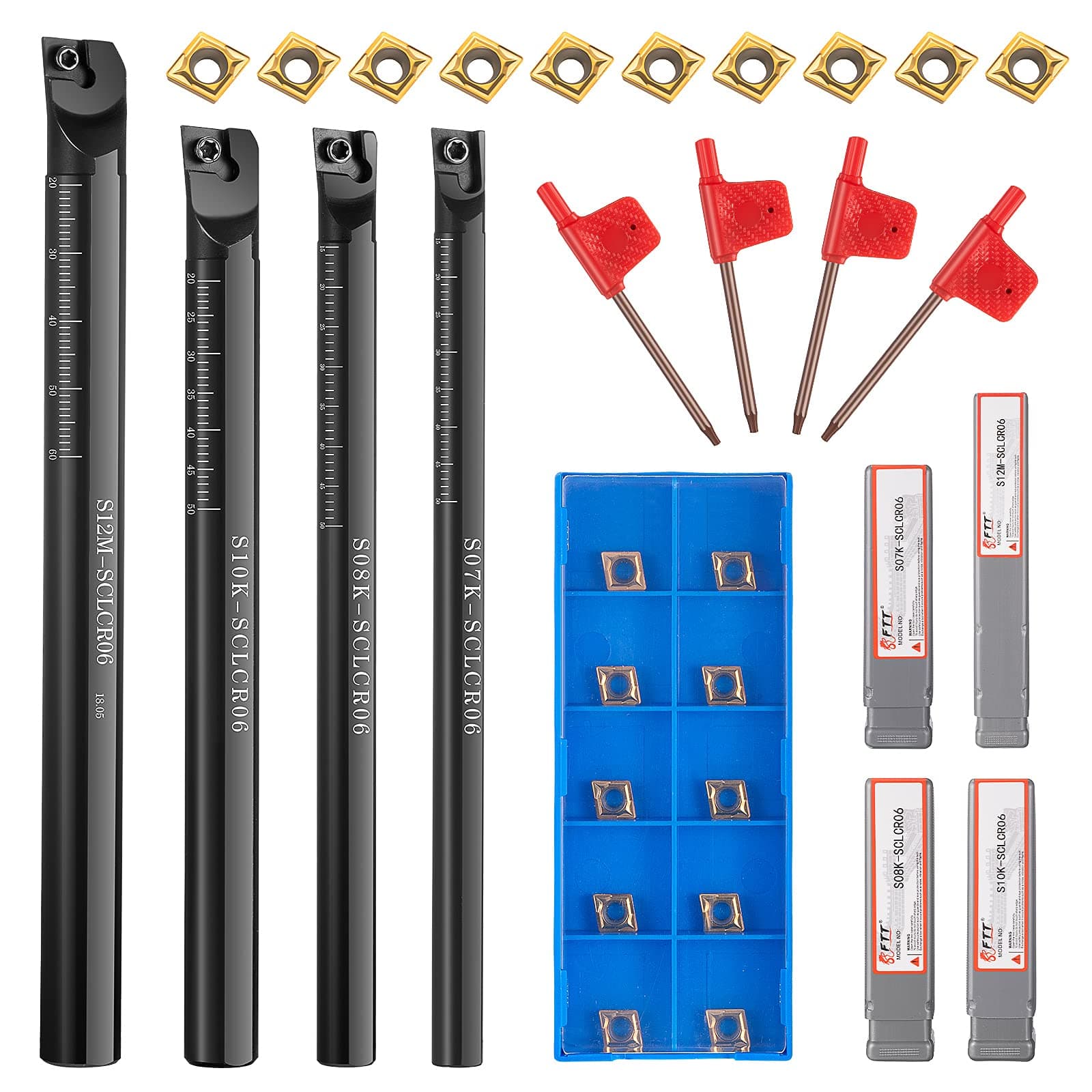 14 Pieces Lathe Boring Bar Set 4 Pcs 95 Degree S07K/ S08K/ S10K/ S12M-SCLCR06 Lathe Boring Internal Turning Bar Holder with 10 CCMT0602 Carbide Inserts and 4 Pieces Wrench