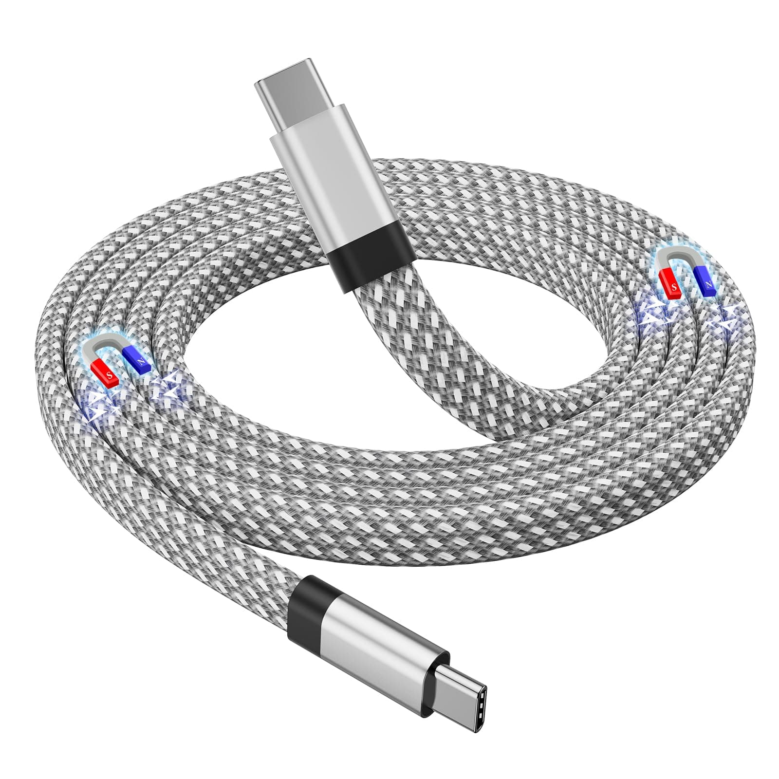 Magtame USB C Cable, Magnetic USB C to USB-C Cable 60W(3A), Flat Coiled USB-C Cord 3.3ft, Nylon Braided Type C Fast Charging Cables Compatible for USBC Device for Pad for Samsung Galaxy, Silver
