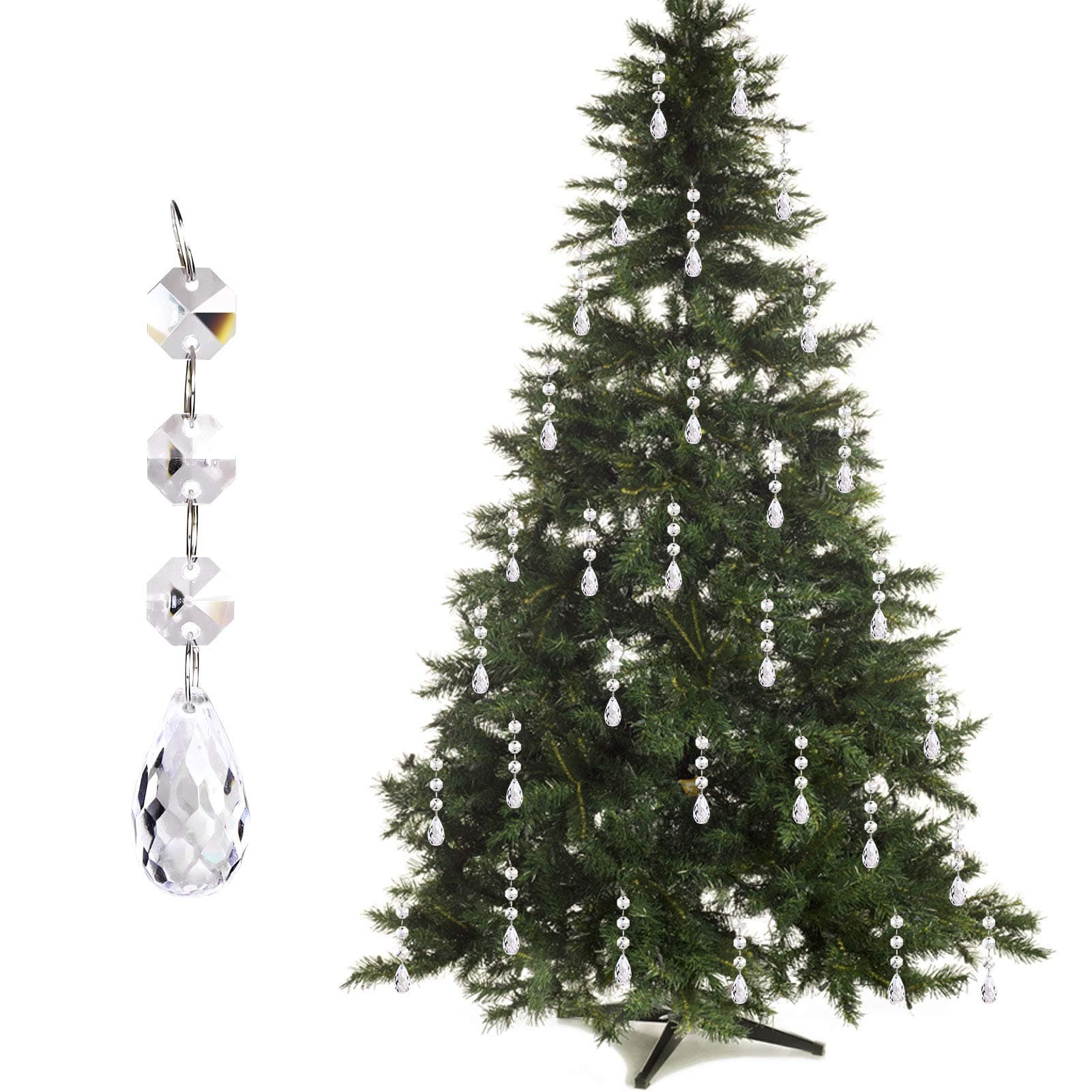 30PCS Christmas Tree Ornaments Acrylic Crystal Pendant, Chandelier Lamp Teardrop Hanging Decorations Curtain Clear Droplet Prism Decor Set for Xmas Wedding Festival Home Party Event