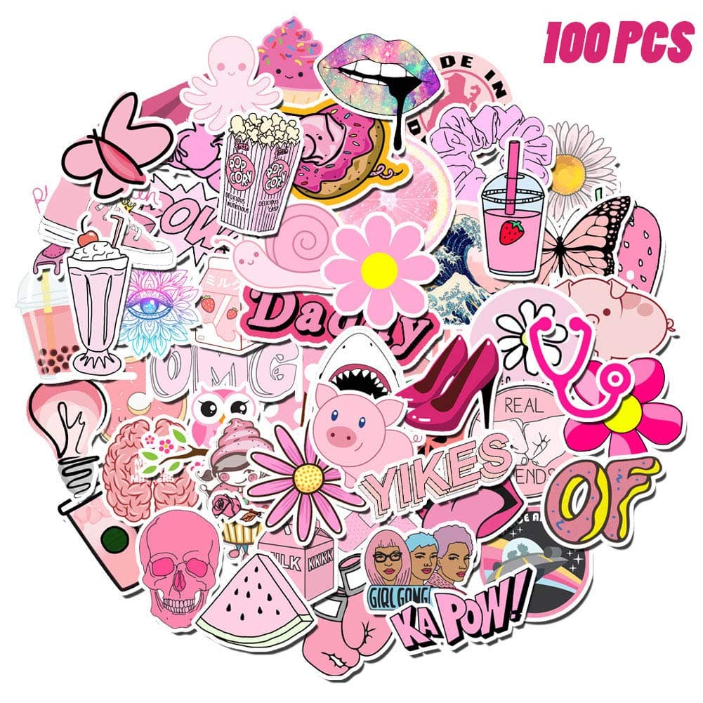 DYNOSON 100 Pcs VSCO Stickers Water Bottles Pink Cute Theme Waterproof Aesthetic Trendy Vsco Vinyl Stickers Decals for Laptops, Computers, Hydro Flasks - Suitable for Teens Kids Girls and Boys