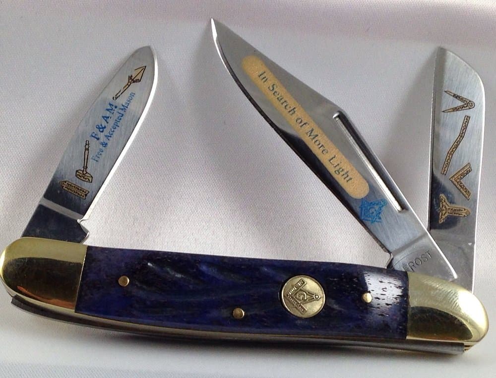 Frost Masonic Wrangler Knife, Blue worm groove bone handle