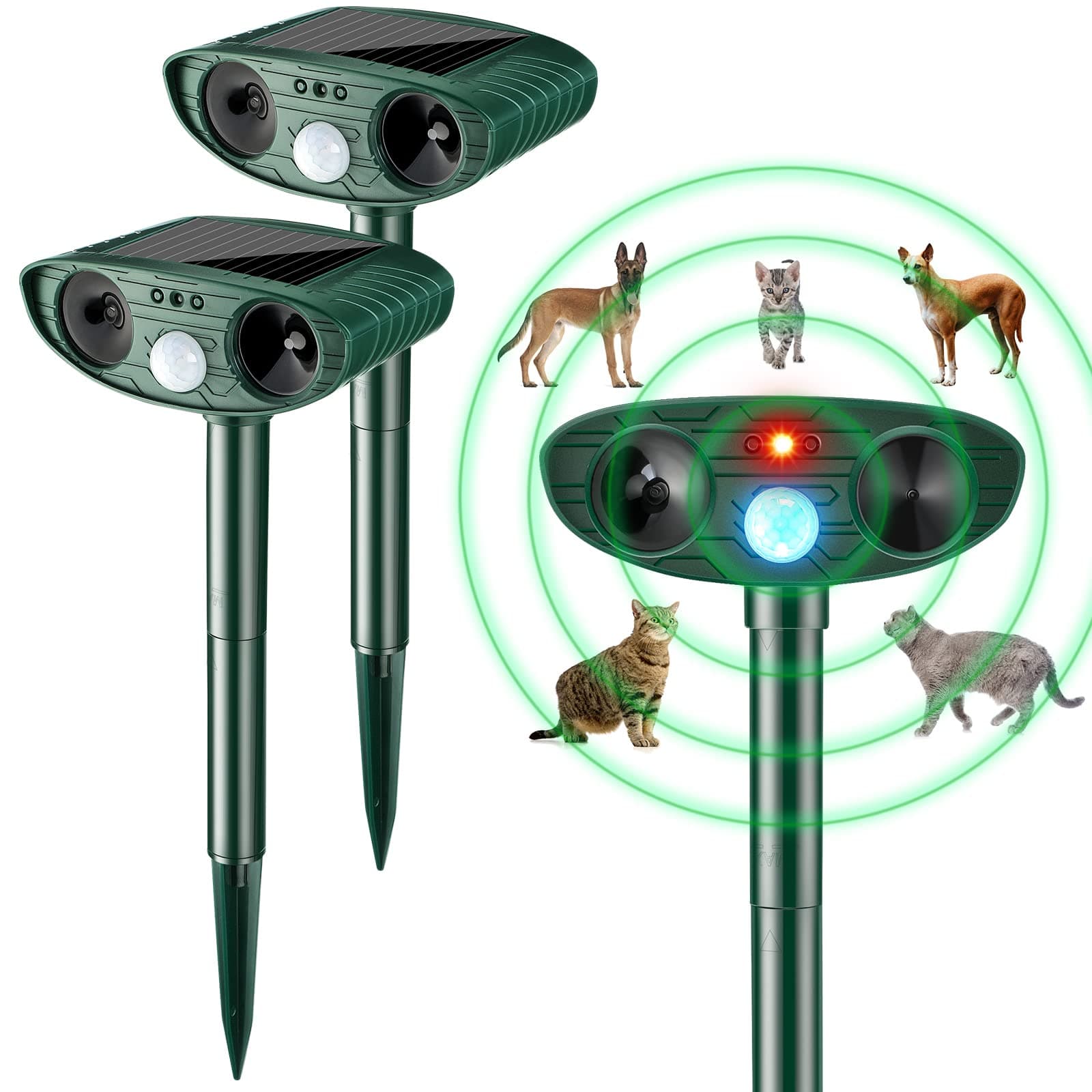 Ultrasonic Animal Repellent Outdoor Solar Powered Repeller Cat Dog Deer Deterrent Waterproof Motion Sensor Deterrent for Yard Garden Rabbit Squirrels Fox Pest (2, Green)