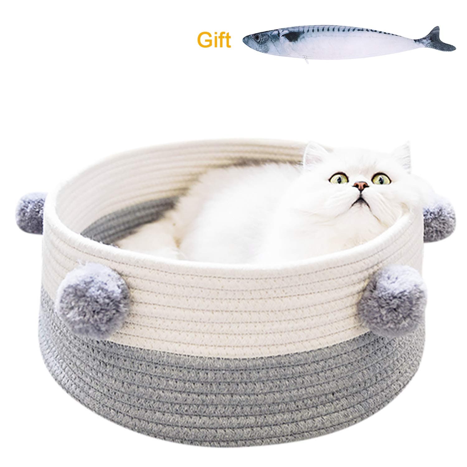 Cat Bed Basket Nest Cotton Rope Puppy Bed Round Pet Bed Kitten Sleeping Bed with Plush Ball Cute House Scratcher Scratching Mat Pad for Cats Kitten Puppy Four Seasons Universal Free Catnip Fish Toys