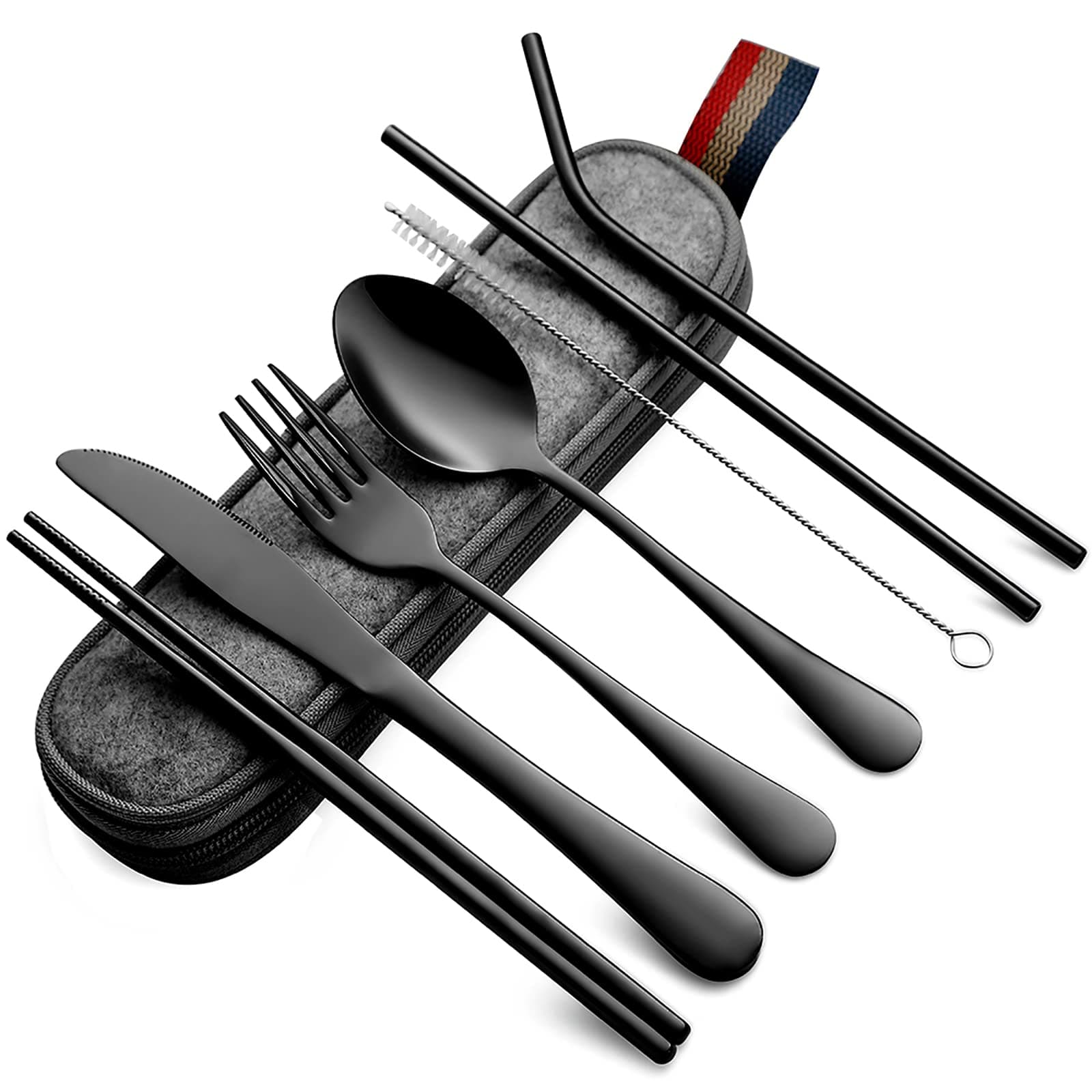 Portable Utensils, Travel Camping Cutlery Set, 8-Piece including Knife Fork Spoon Chopsticks Cleaning Brush Straws Portable Case, Stainless Steel Flatware set (Black)