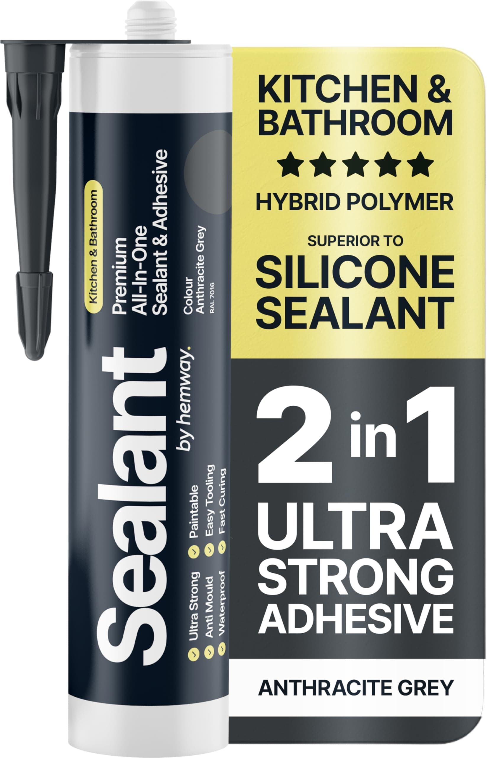 Anthracite Grey Kitchen & Bathroom Sealant & Adhesive Hybrid Polymer | Superior to Bathroom Silicone Sealant | Waterproof, Odourless, Anti-Mould | Ideal For Kitchen & Around Bath & Shower 300ml 1 Pack