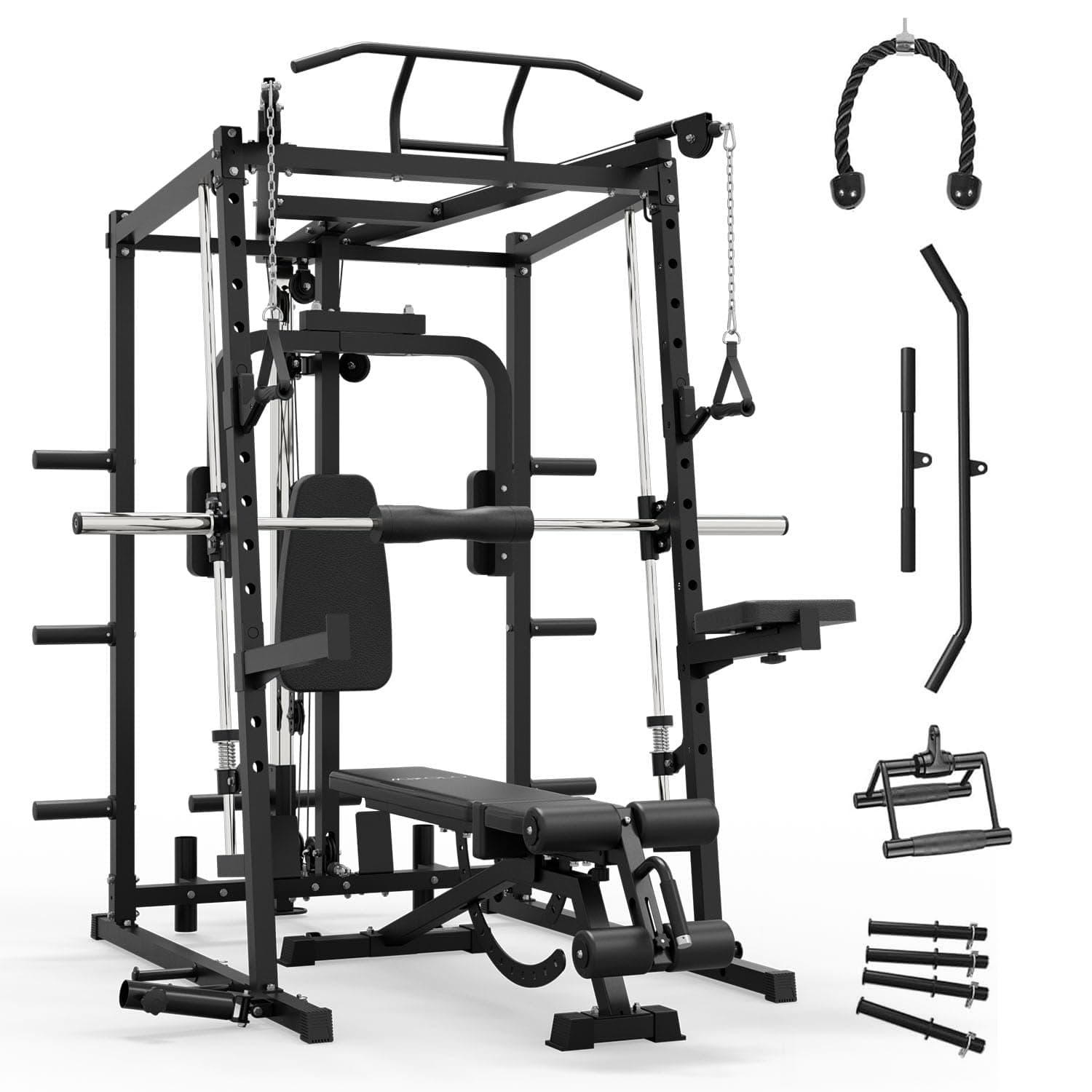 Mikolo All-in-One Smith Machine Home Gym, 2000LBS Power Cage with Cable Crossover System, Integrated Squat Rack with Weight Bar for Full-Body Training—LAT Pulldown, T-Bar Row, Triceps, Chest Fly
