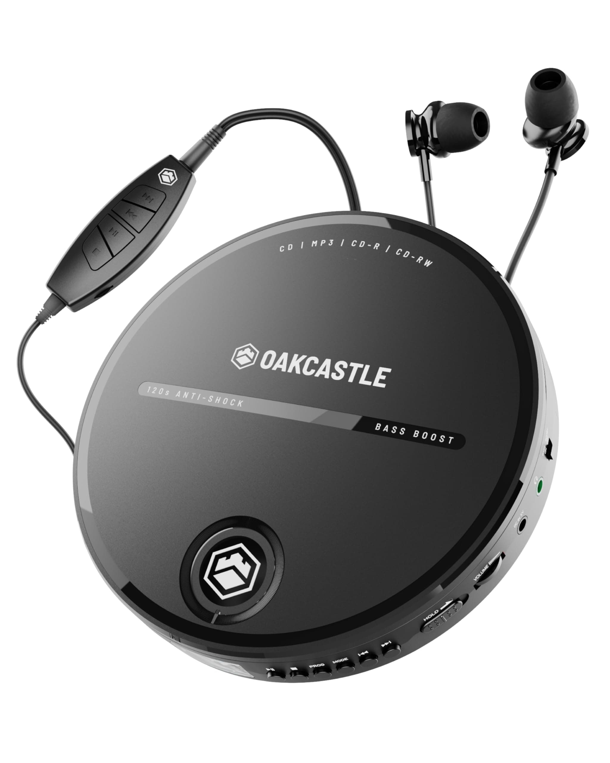 Personal CD Player | Portable Music Player with Included In-Line Control Earphones | 7 Hour Battery Playtime, In-Car AUX Compatibility | Bass Boost, Hold Lock and Anti-Skip Function | OAKCASTLE CD10